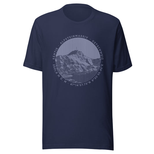 Navyblaues Damen T-Shirt. Der Print zeigt den Säntis, einen legendären Berggipfel in den Appenzeller Alpen in der Ostschweiz.