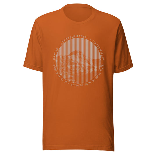 Oranges Damen T-Shirt. Der Print zeigt den Säntis, einen legendären Berggipfel in den Appenzeller Alpen in der Ostschweiz.