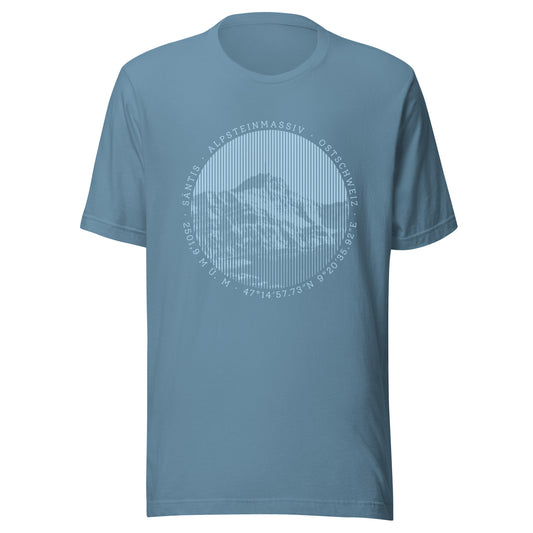 Stahlblaues Damen T-Shirt. Der Print zeigt den Säntis, einen legendären Berggipfel in den Appenzeller Alpen in der Ostschweiz.
