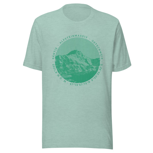 Taubenblau meliertes Damen T-Shirt. Der Print zeigt den Säntis, einen legendären Berggipfel in den Appenzeller Alpen in der Ostschweiz.