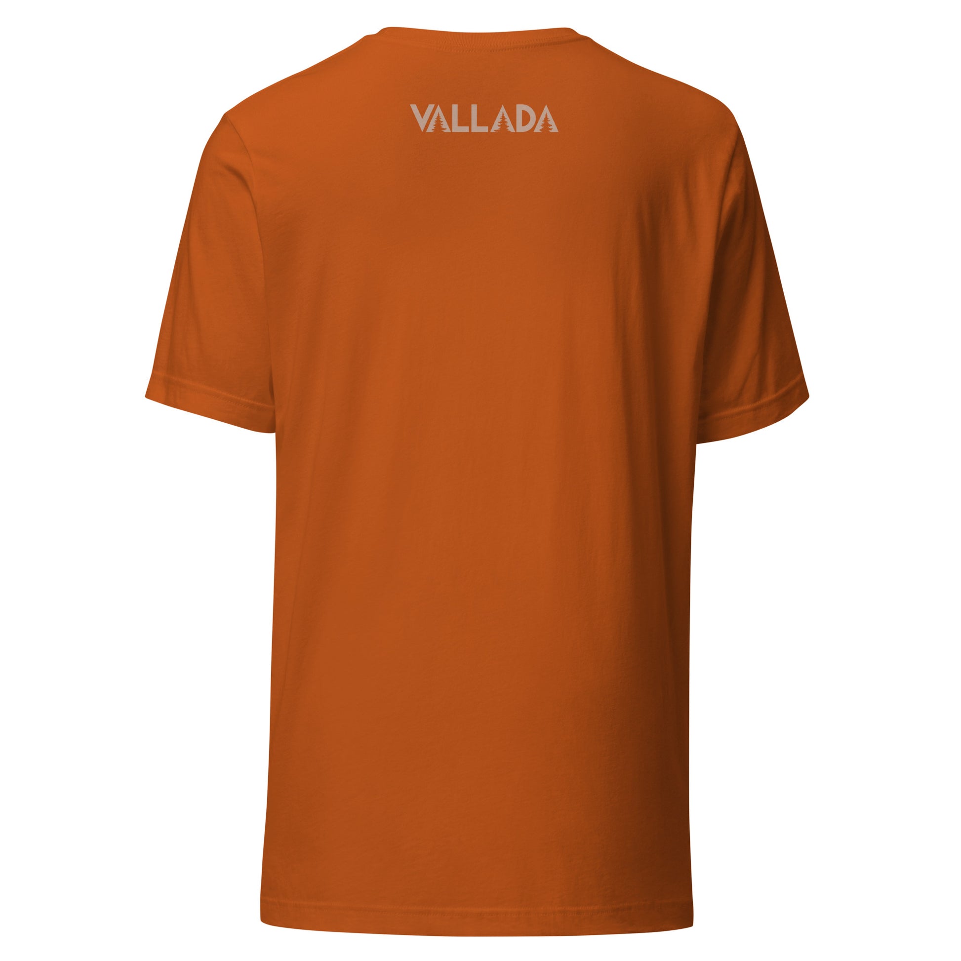 Rückenansicht eines orangen T-Shirts mit einem Aufdruck des Vallada-Logos.