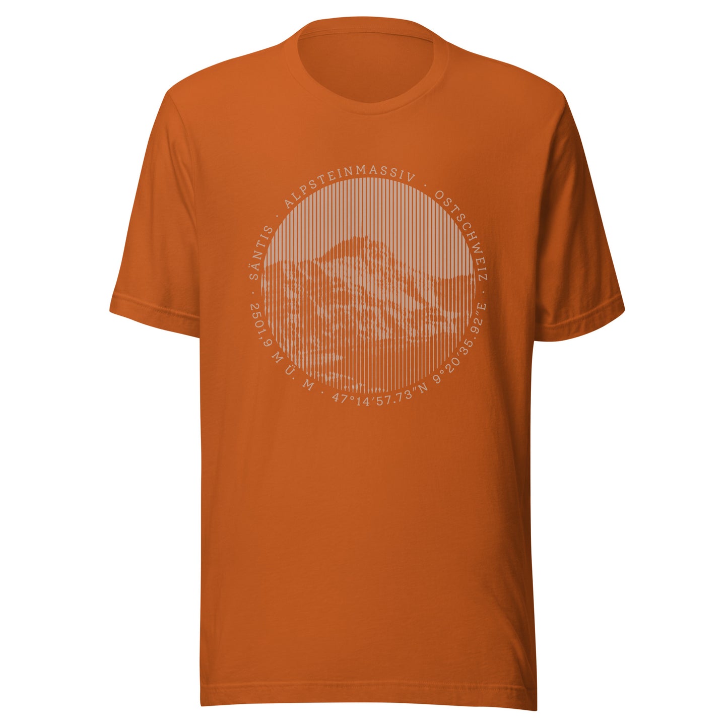 Oranges T-Shirt mit Print. Der Aufdruck zeigt den Berg Säntis in der Ostschweiz.