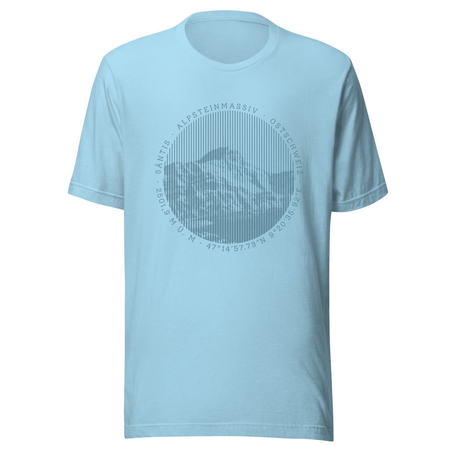 T-Shirt in der Farbe Meerblau mit dem Aufdruck des Säntis. Der Säntis ist ein imposanter Berg in den Appenzeller Alpen, der von weit her sichtbar ist und von dessen Spitze man einen beeindruckenden Fernblick hat.