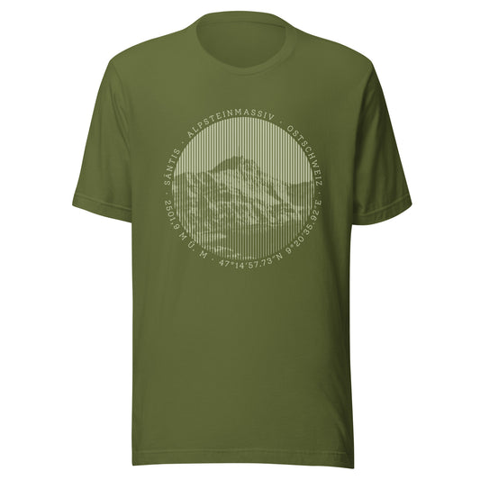 T-Shirt mit kurzen Ärmeln in der Farbe Olive mit dem Berg Säntis auf seiner Vorderseite.