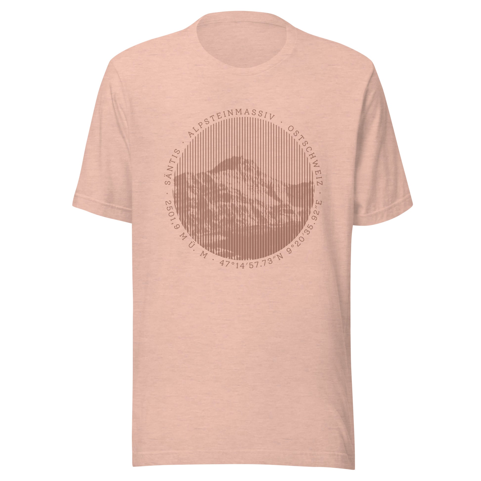 Herren-T-Shirt in der Farbe Pfirsich. Die Vorderseite zeigt den Säntis, einen markanten Berg aus dem Alpsteinmassiv, einem Teil der Alpen.