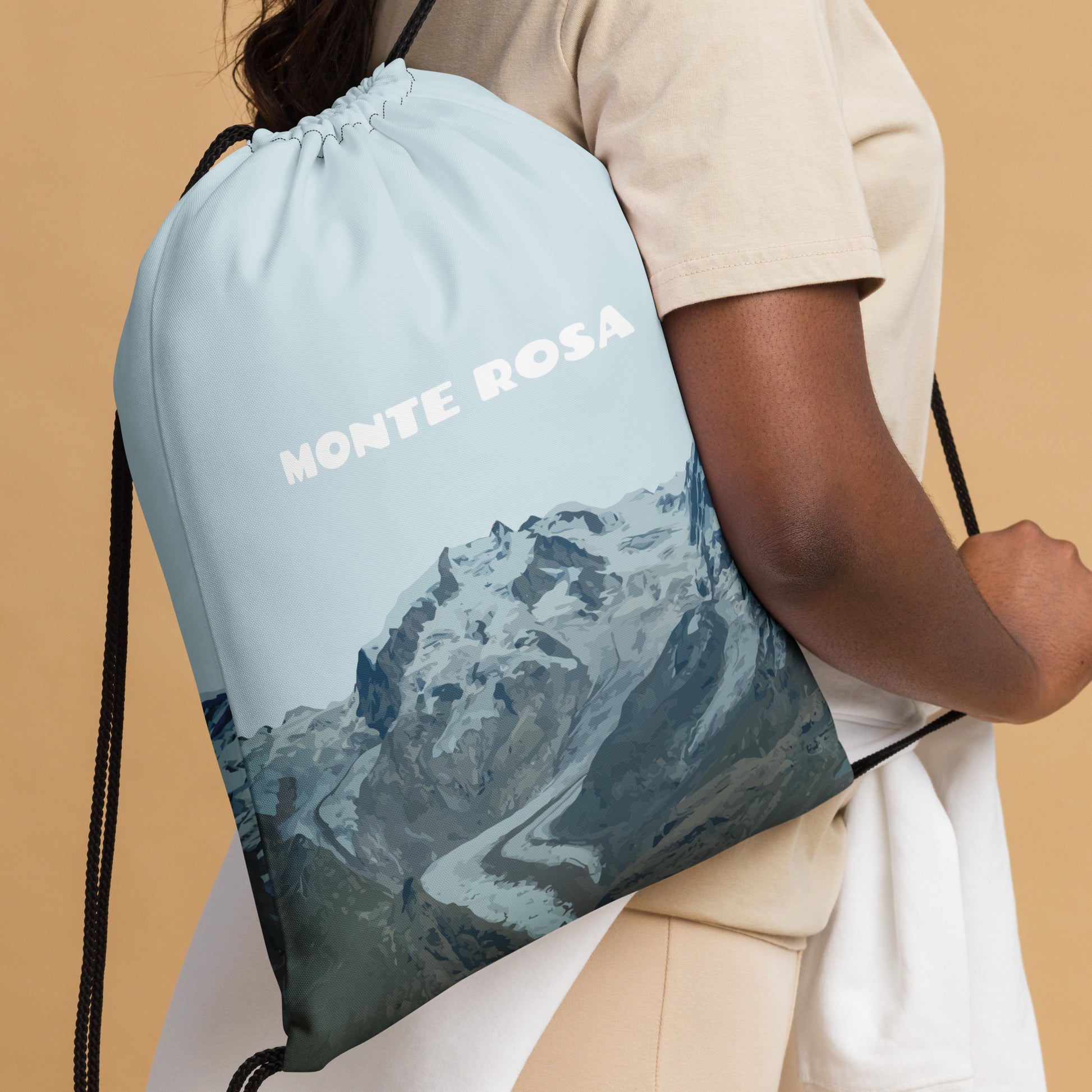 Hellblauer Yoga-Beutel mit Monte Rosa in den Walliser Alpen