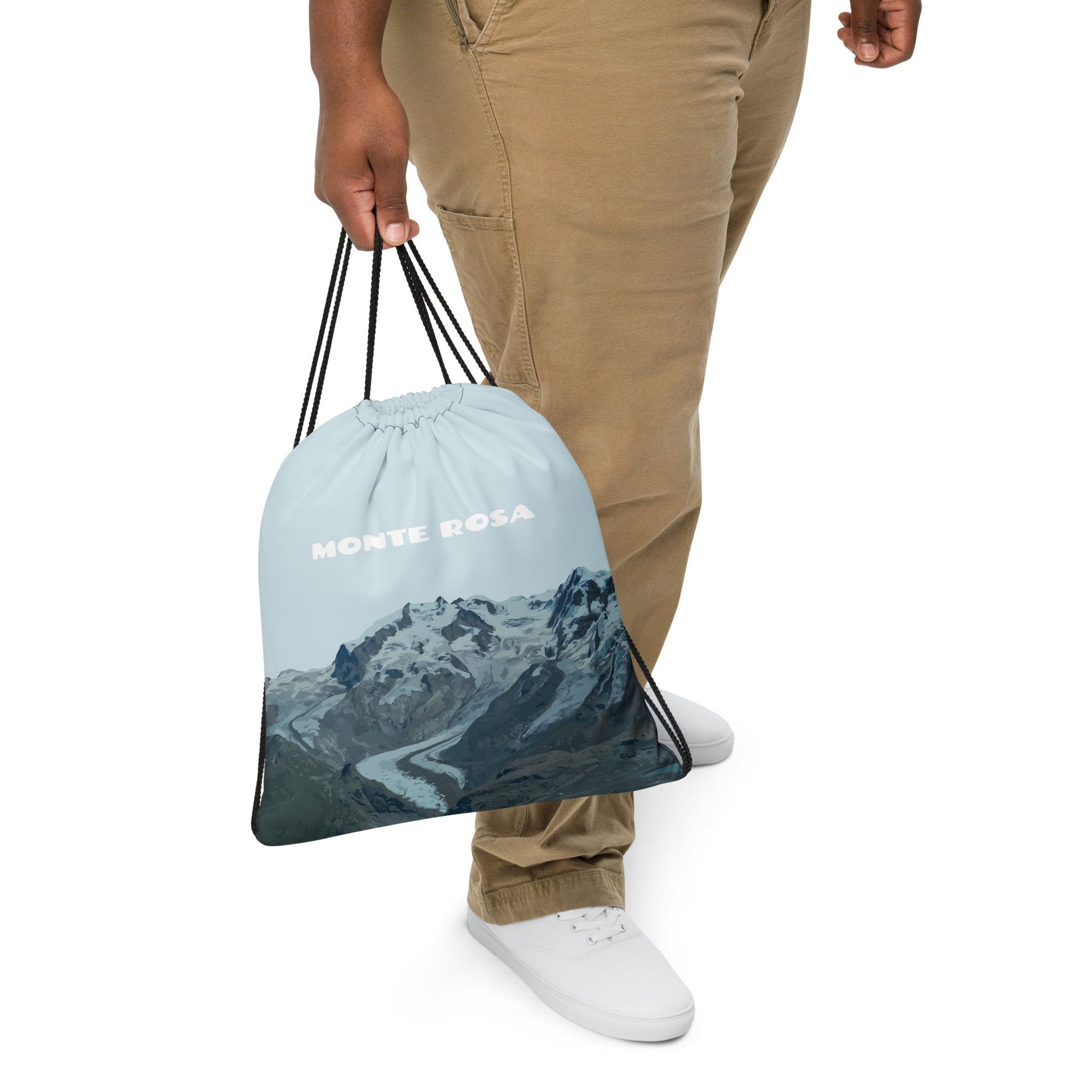 Hellblauer Yoga-Beutel mit dem Monte Rosa bedruckt.