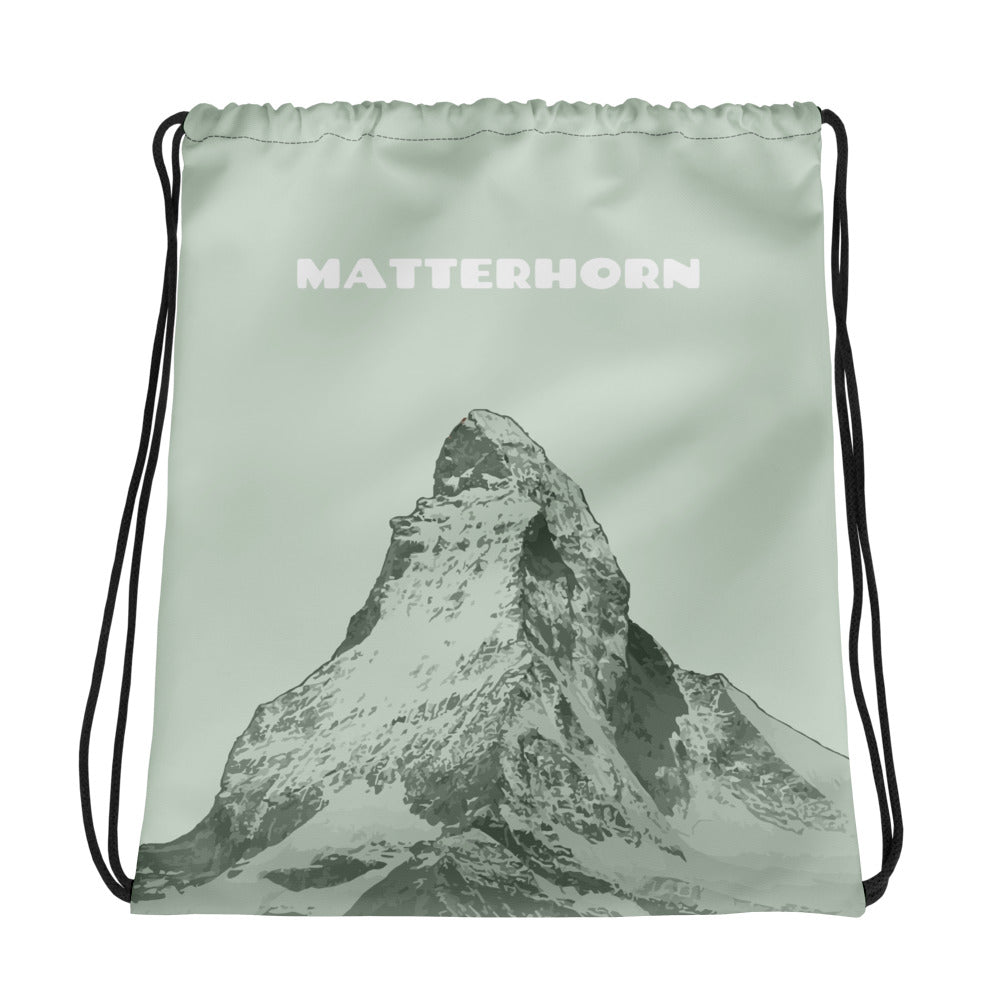 Hellgrüner Sportbeutel mit Matterhorn  bedruckt.