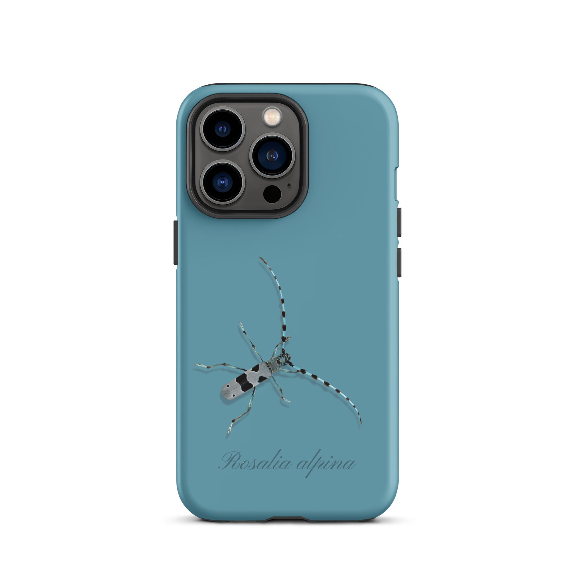 iPhone-Hülle Alpenbock in Gletscherwasserblau mit Holzstruktur und Vallada-Logo
