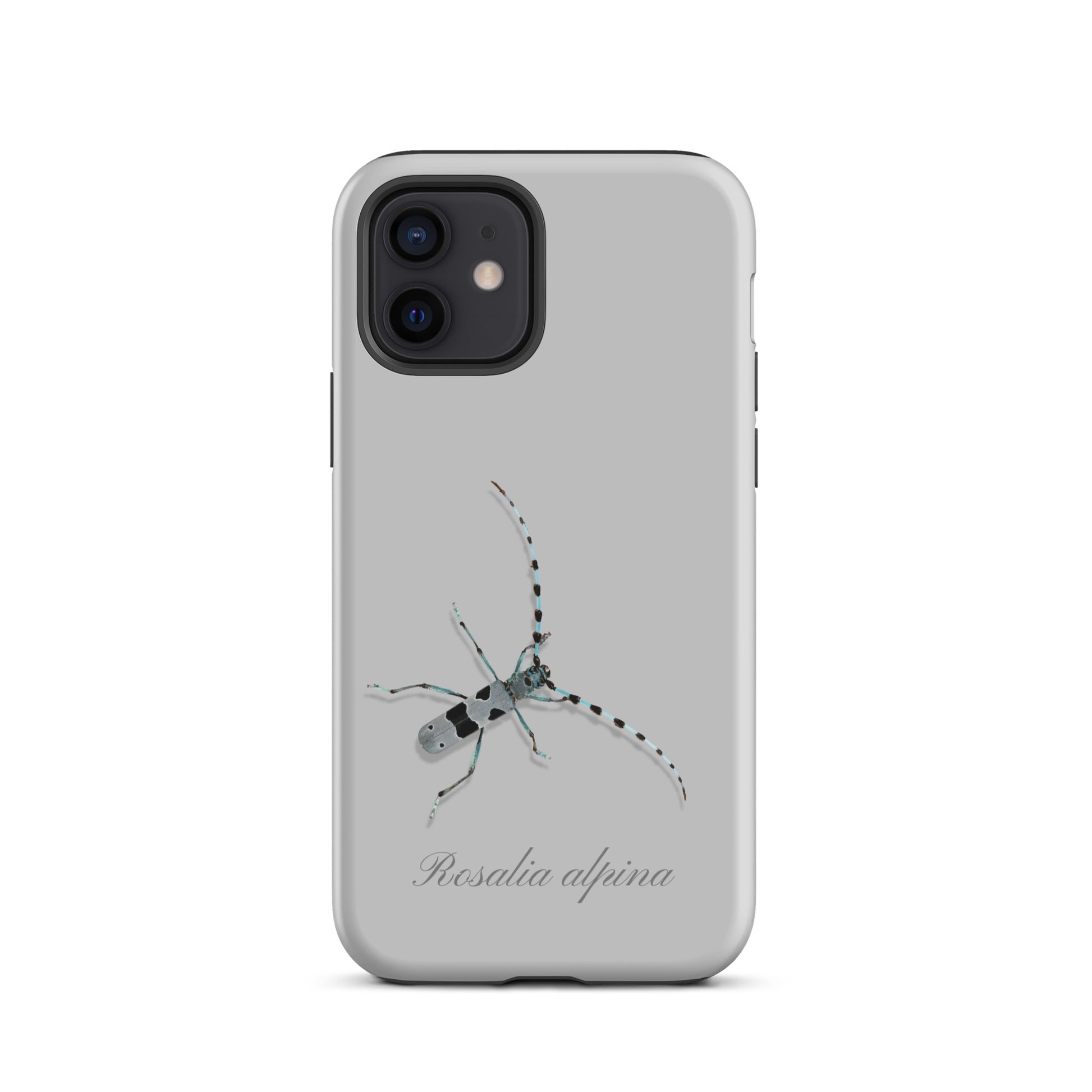 Graue iPhone Hülle Alpenbock mit Holzoptik, seitliche Ansicht