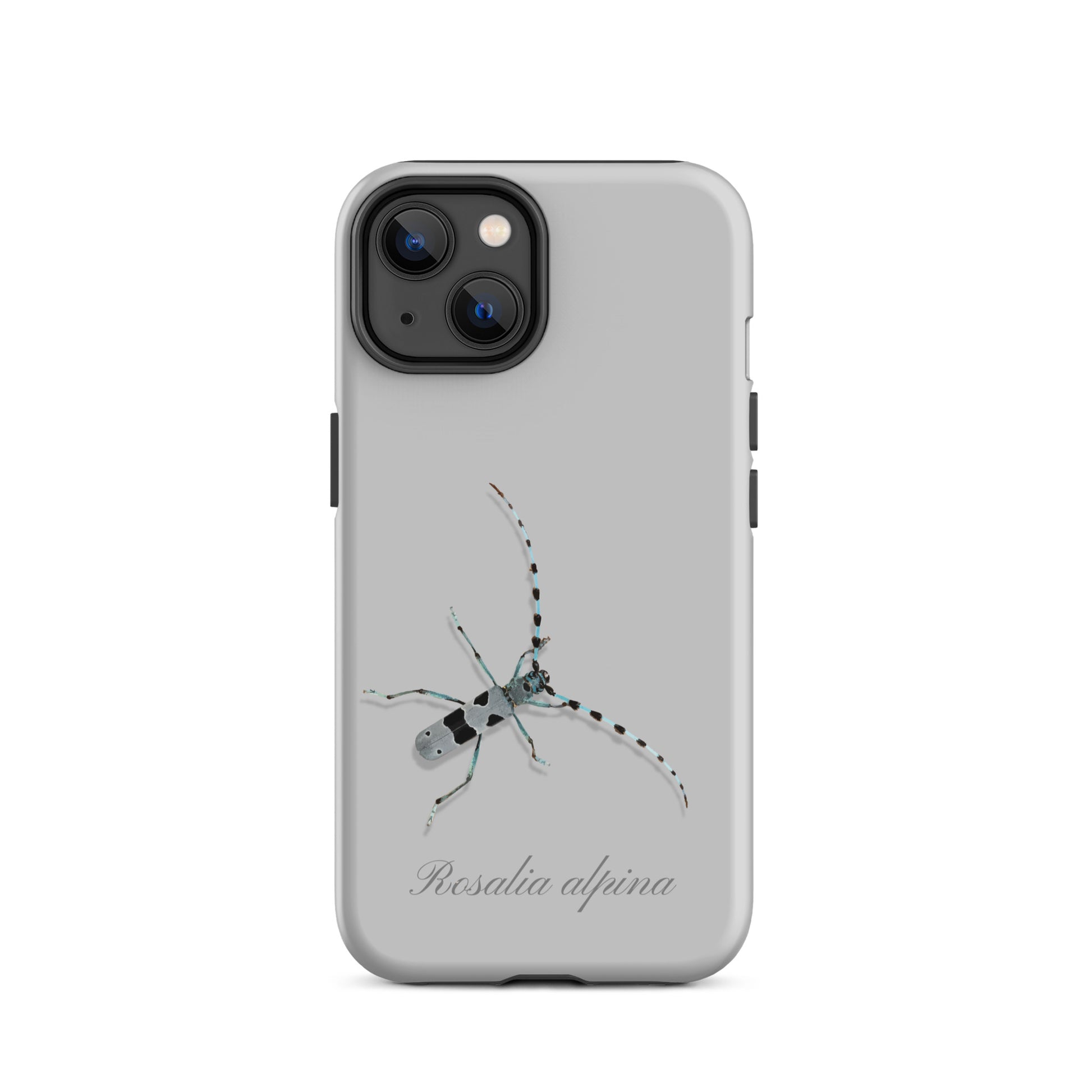 Graue iPhone-Hülle mit Alpenbock-Motiv, seitliche Ansicht, schützendes Design