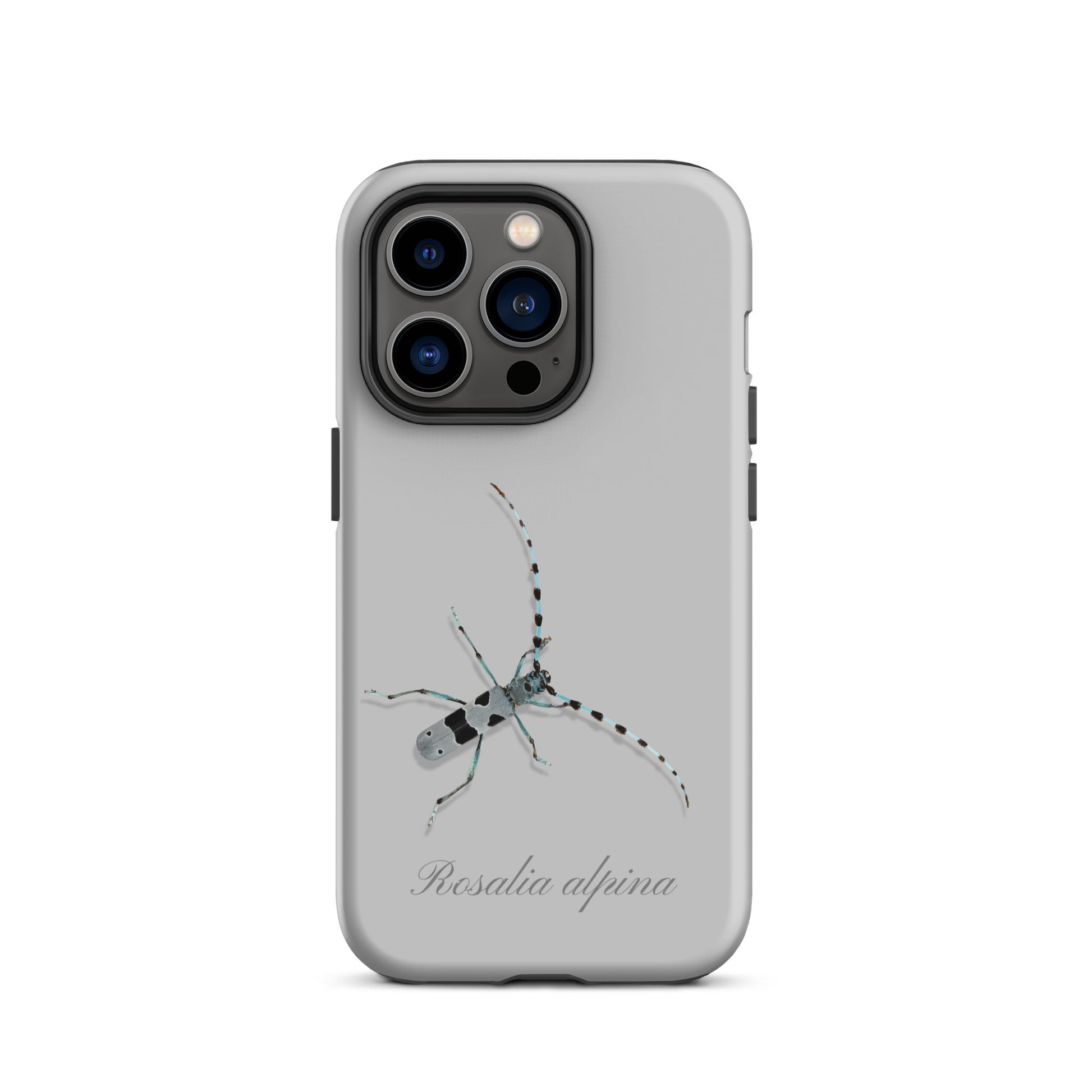 Graue iPhone-Hülle Alpenbock mit Holzoptik, robustes Design, präzise Aussparungen