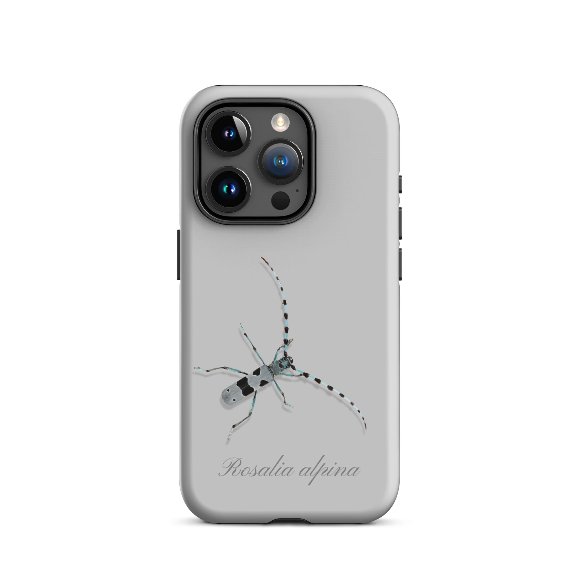 Graue iPhone-Hülle mit Alpenbock-Motiv aus robustem Kunststoff, Seitenansicht.