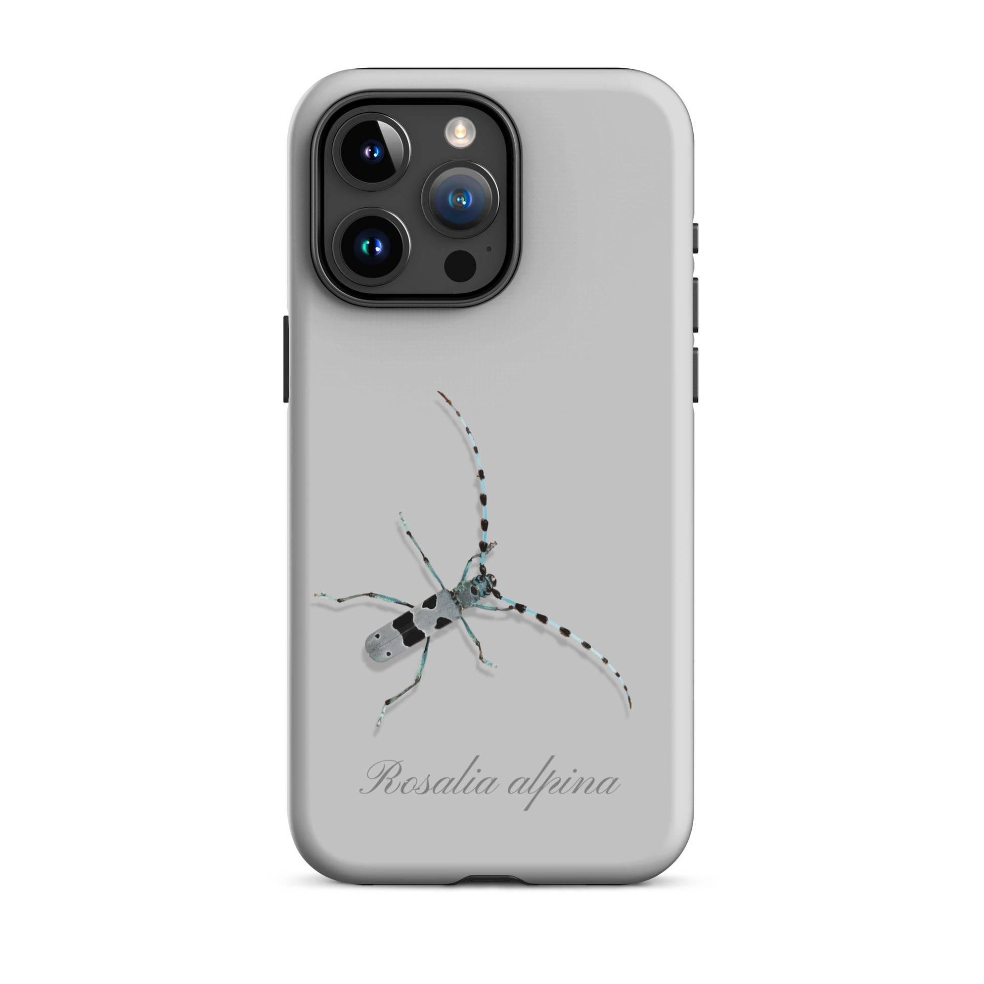 Graue iPhone-Hülle mit Alpenbock-Motiv, seitliche Ansicht.