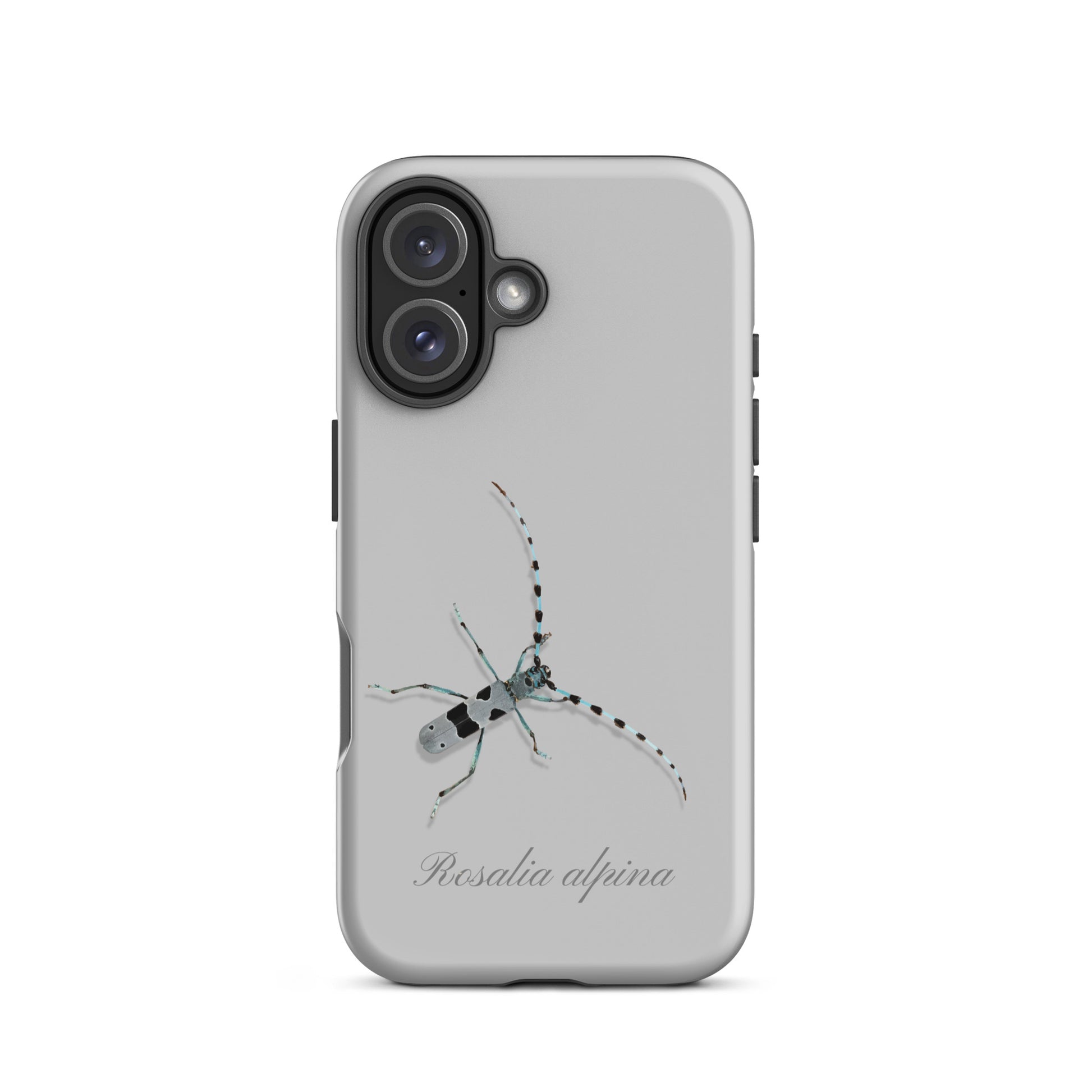 Graue iPhone-Hülle mit Alpenbock-Motiv, robustes Design, präzise Aussparungen