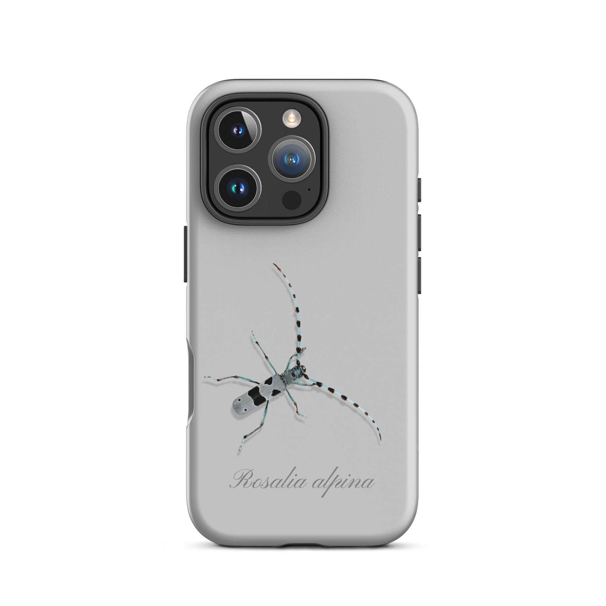 Graue iPhone Handyhülle mit Alpenbock Design, robustes Material, seitliche Ansicht.
