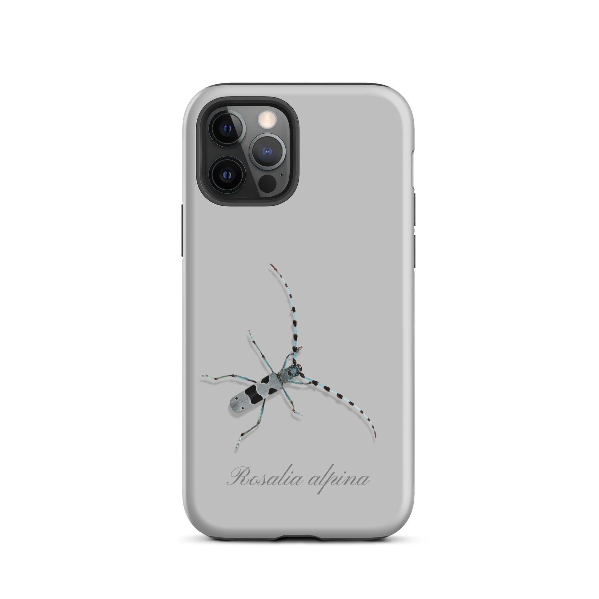 Graue iPhone-Hülle mit Alpenbock-Motiv aus robustem Material, seitliche Ansicht.