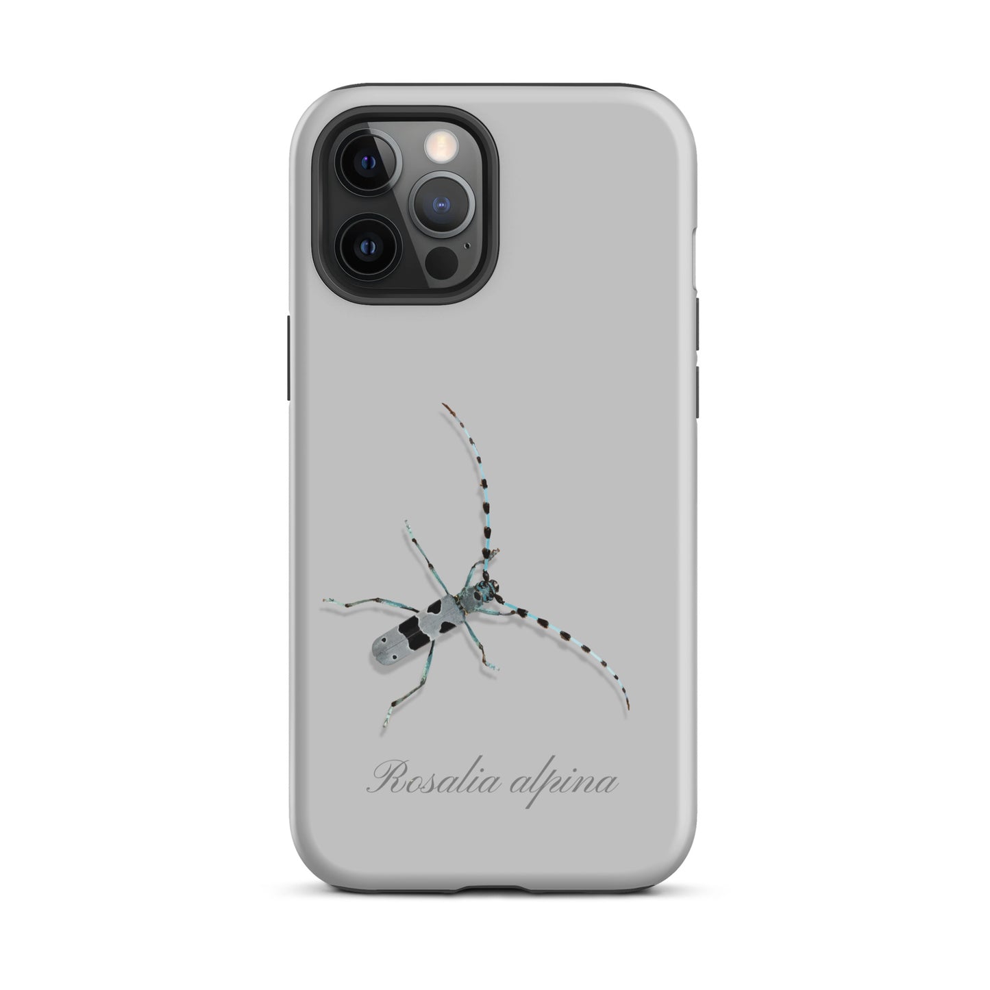 Graue iPhone-Hülle mit Alpenbock-Motiv, robustes Design, präzise Aussparungen