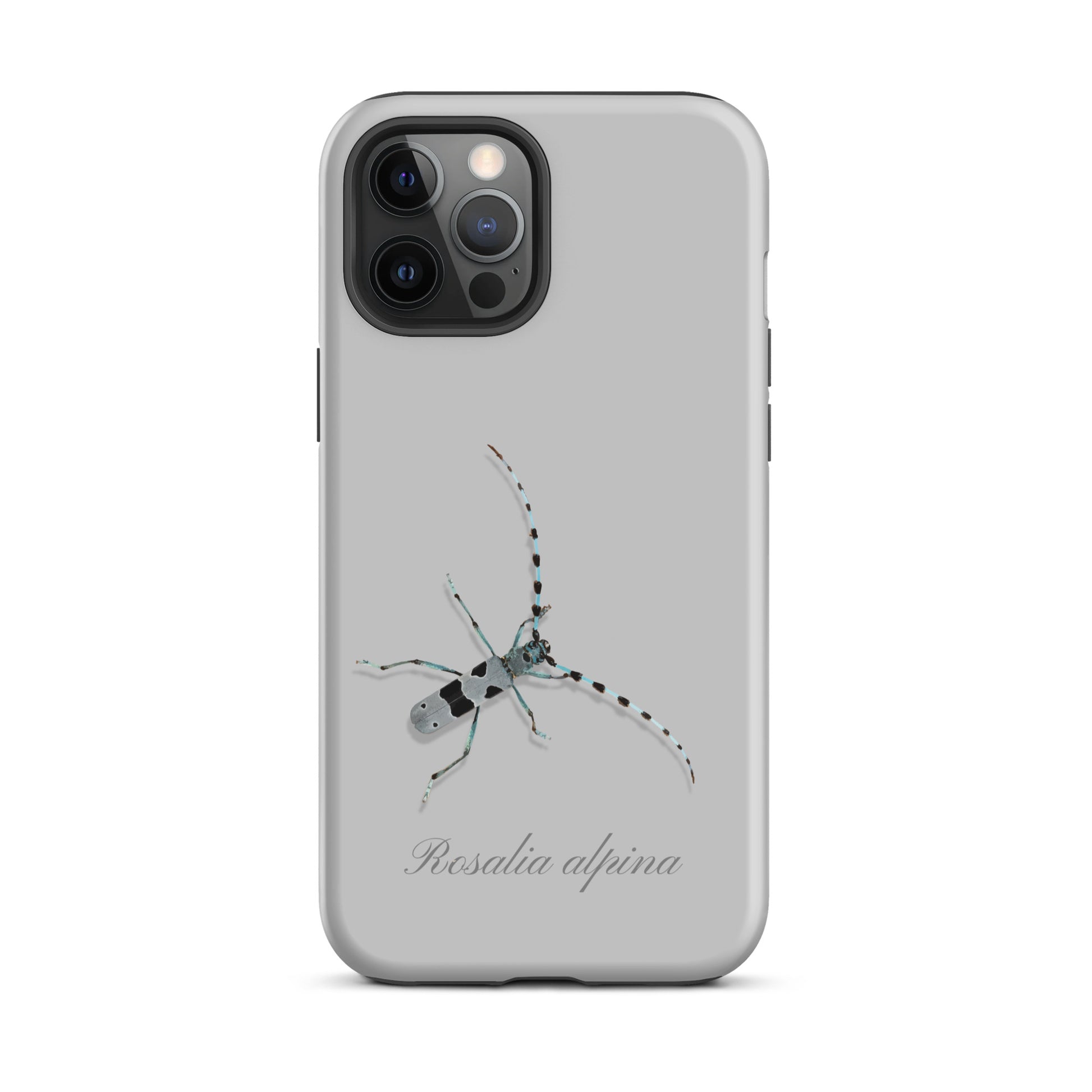 Graue iPhone-Hülle mit Alpenbock-Motiv, robustes Design, präzise Aussparungen