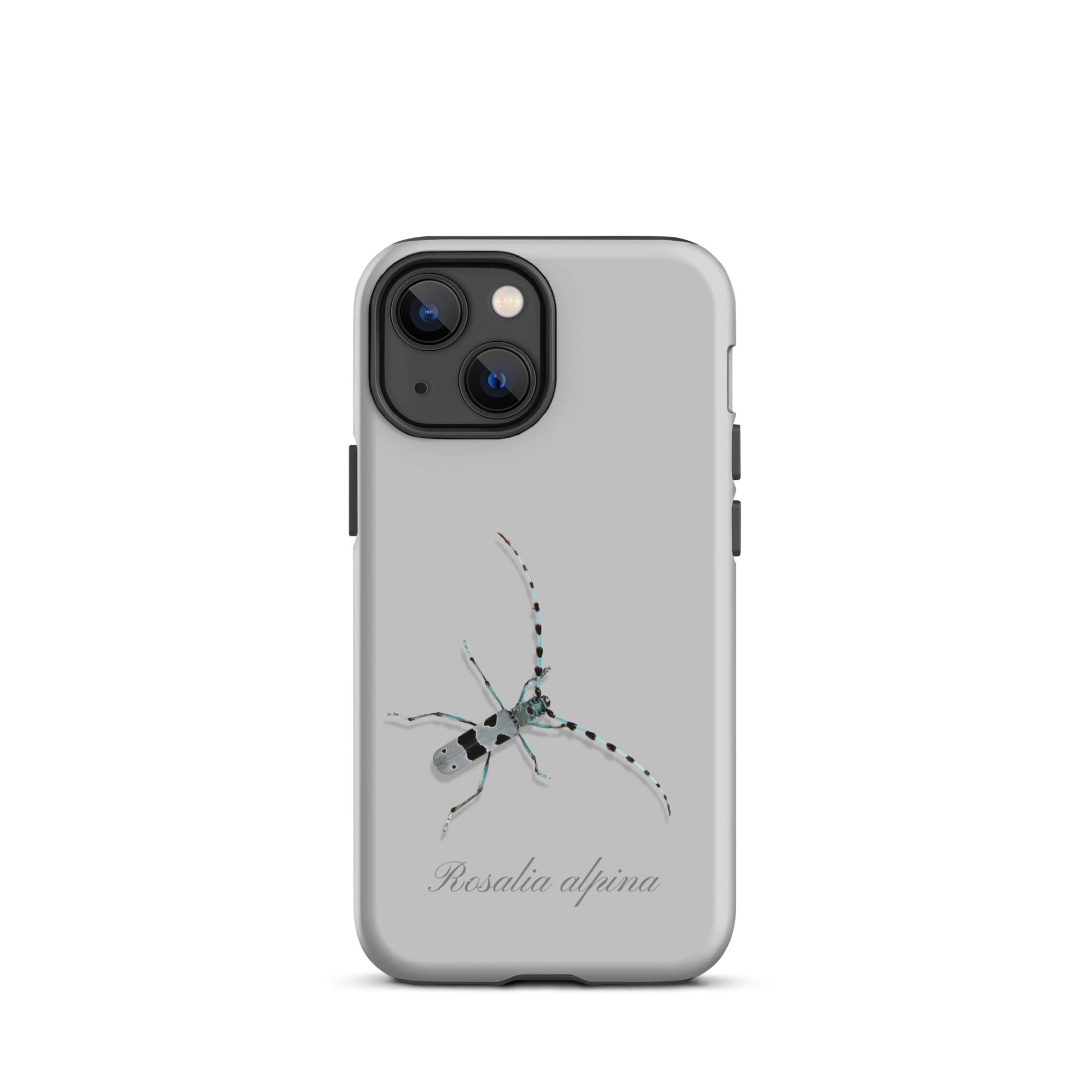 Graue iPhone-Hülle mit Alpenbock-Motiv aus robustem Material, Seitenansicht.