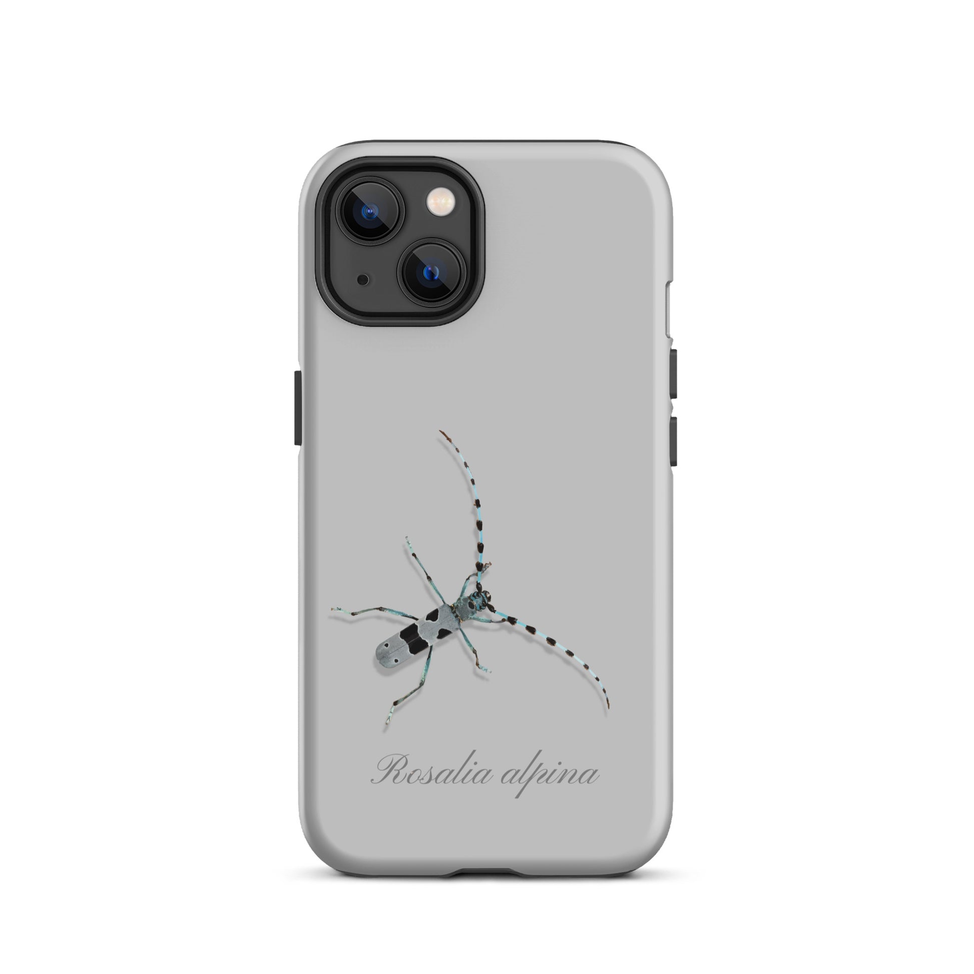 Graue iPhone-Hülle mit Alpenbock-Motiv, robustes Design, Seitenansicht