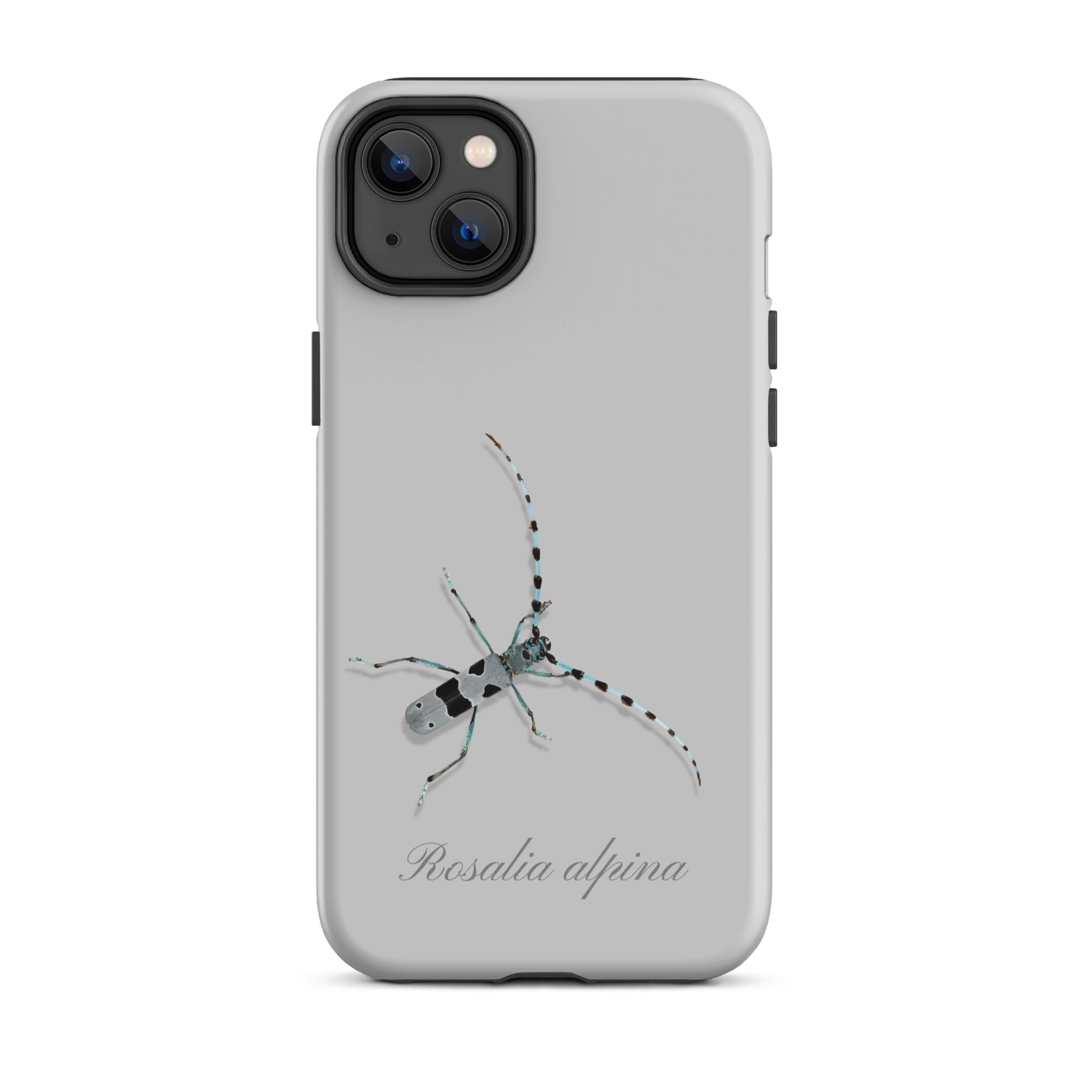 Graue iPhone-Hülle mit Alpenbock-Motiv, seitliche Ansicht, robustes Design