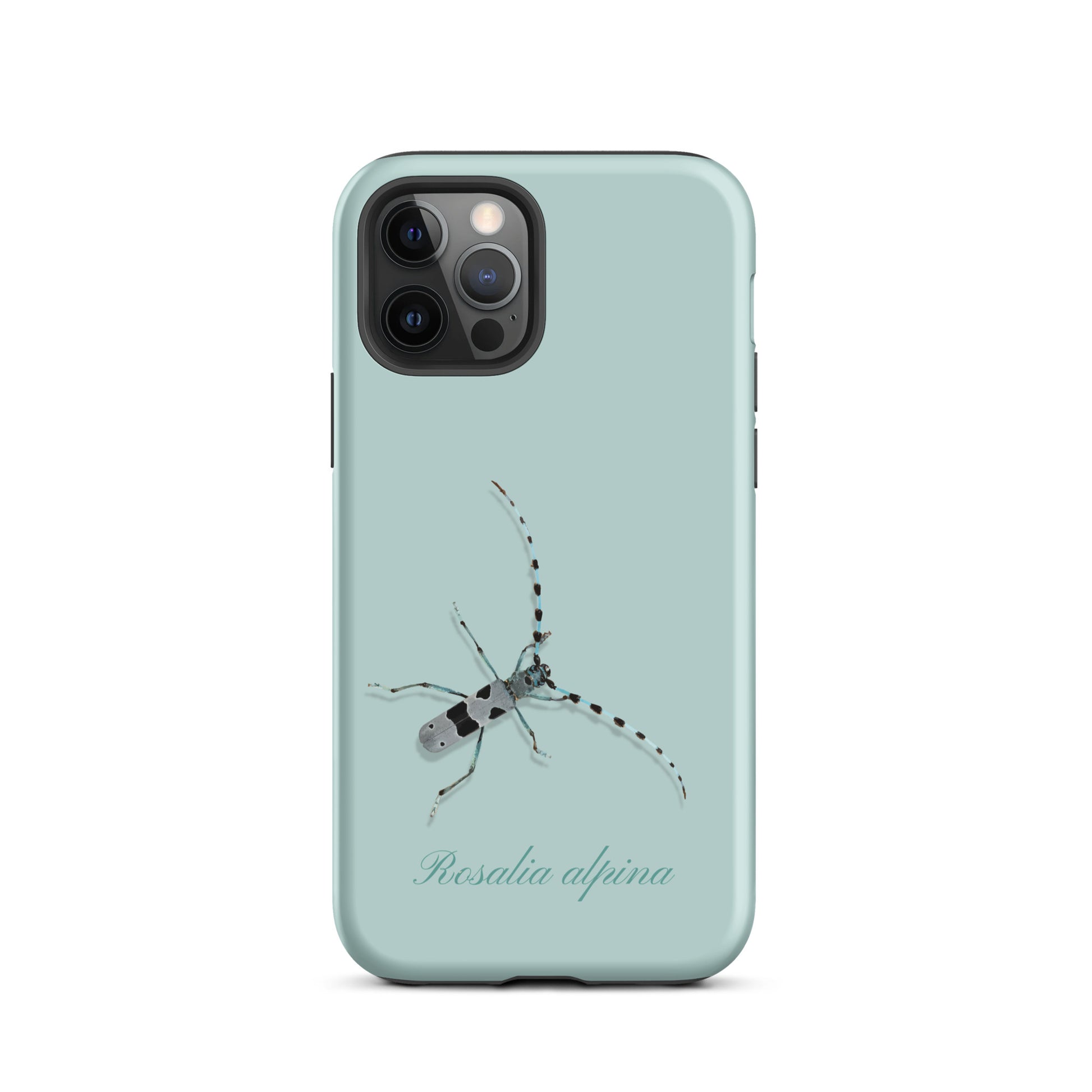iPhone-Hülle Alpenbock in Hellblau mit Alpenmotiv, seitliche Ansicht.