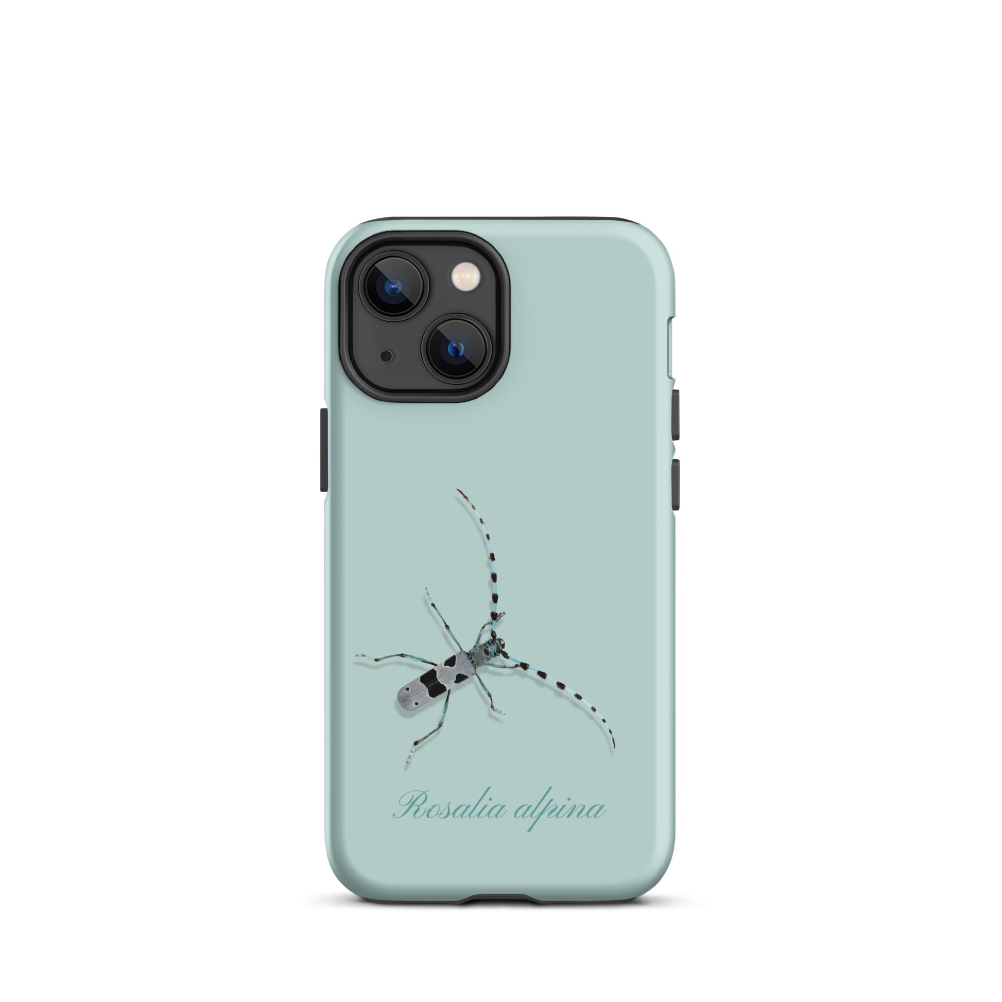 iPhone Case Alpenbock in Hellblau mit Alpenmotiv, Seitenansicht.
