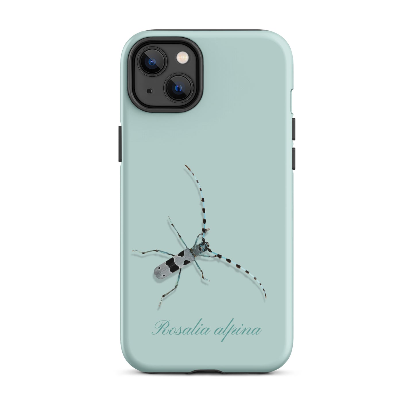 Hellblaue iPhone-Hülle mit Alpenbock-Motiv, seitliche Ansicht