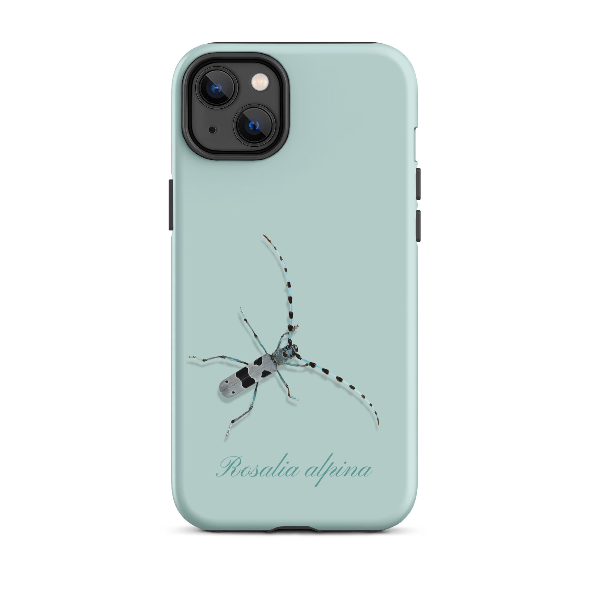 Hellblaue iPhone-Hülle mit Alpenbock-Motiv, seitliche Ansicht