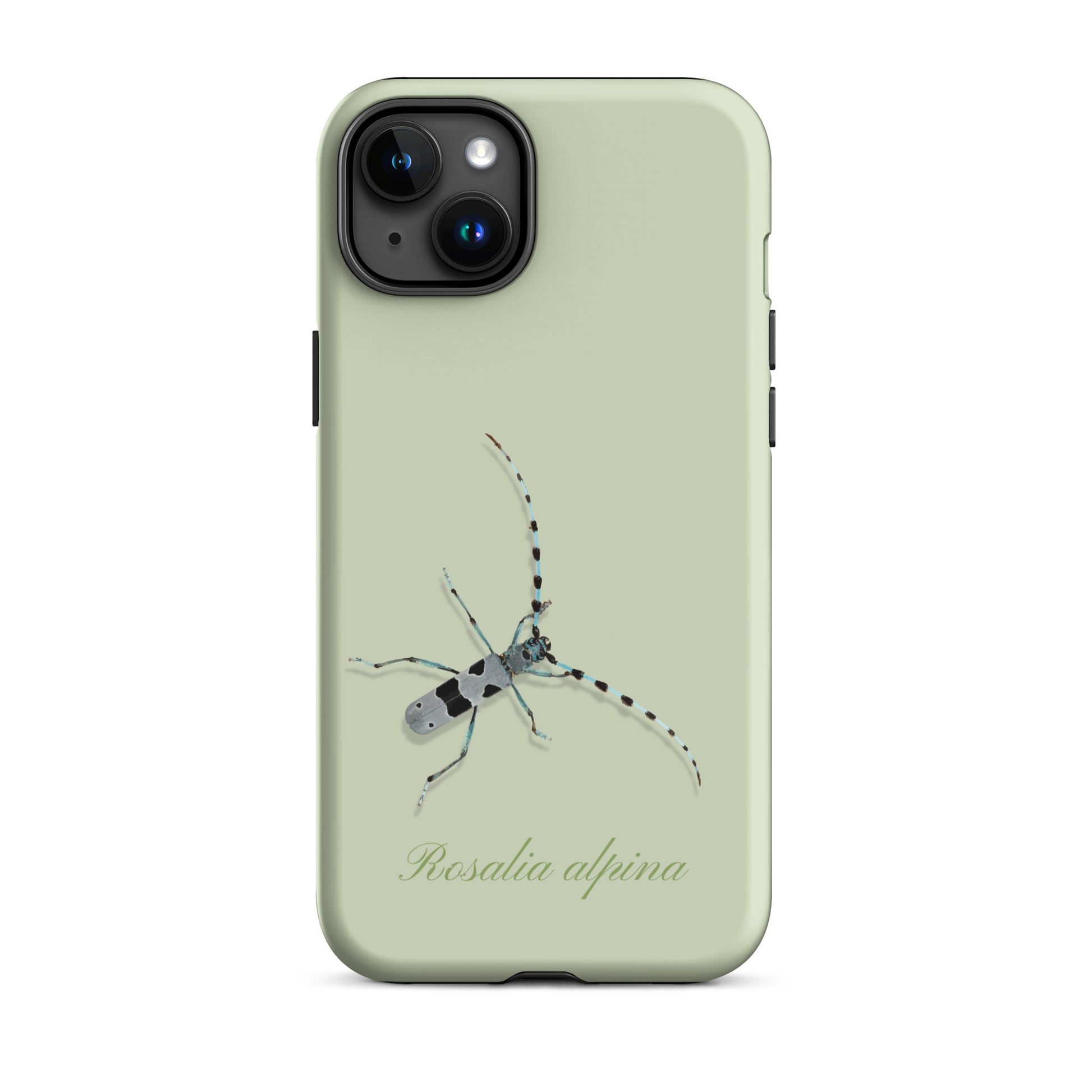 iPhone Hülle Alpenbock in Hellgrün mit Holzoptik, seitliche Ansicht.