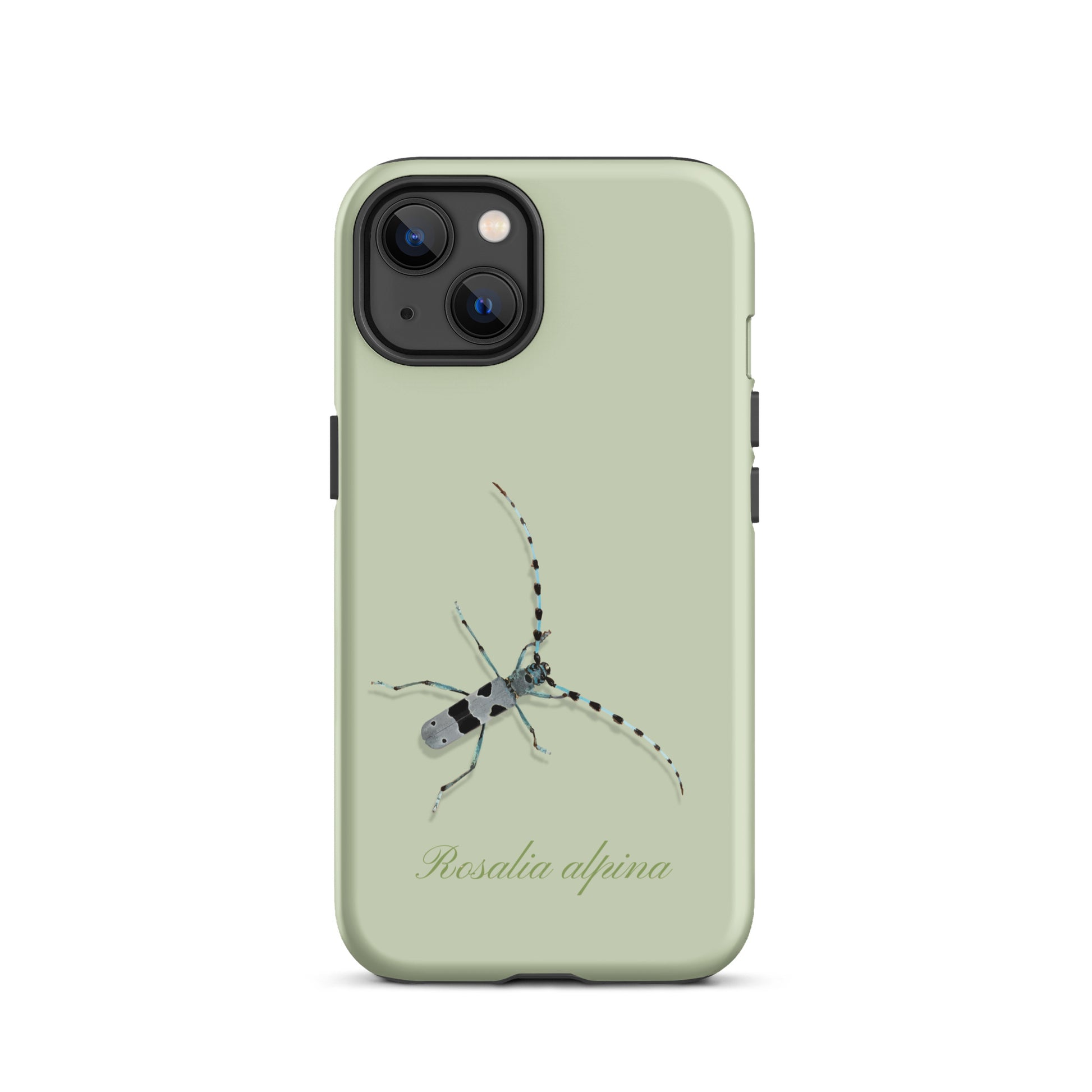 iPhone Hülle Alpenbock in Hellgrün mit Holzoptik, Seitenansicht.