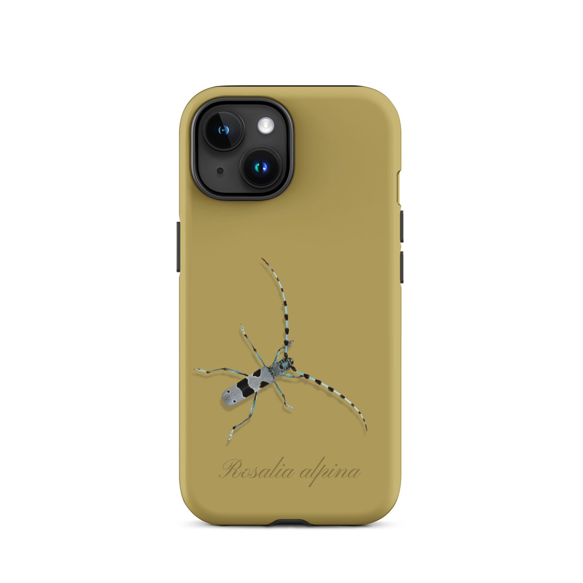Ockergelbe iPhone Hülle mit Alpenbock Design aus robustem Material.