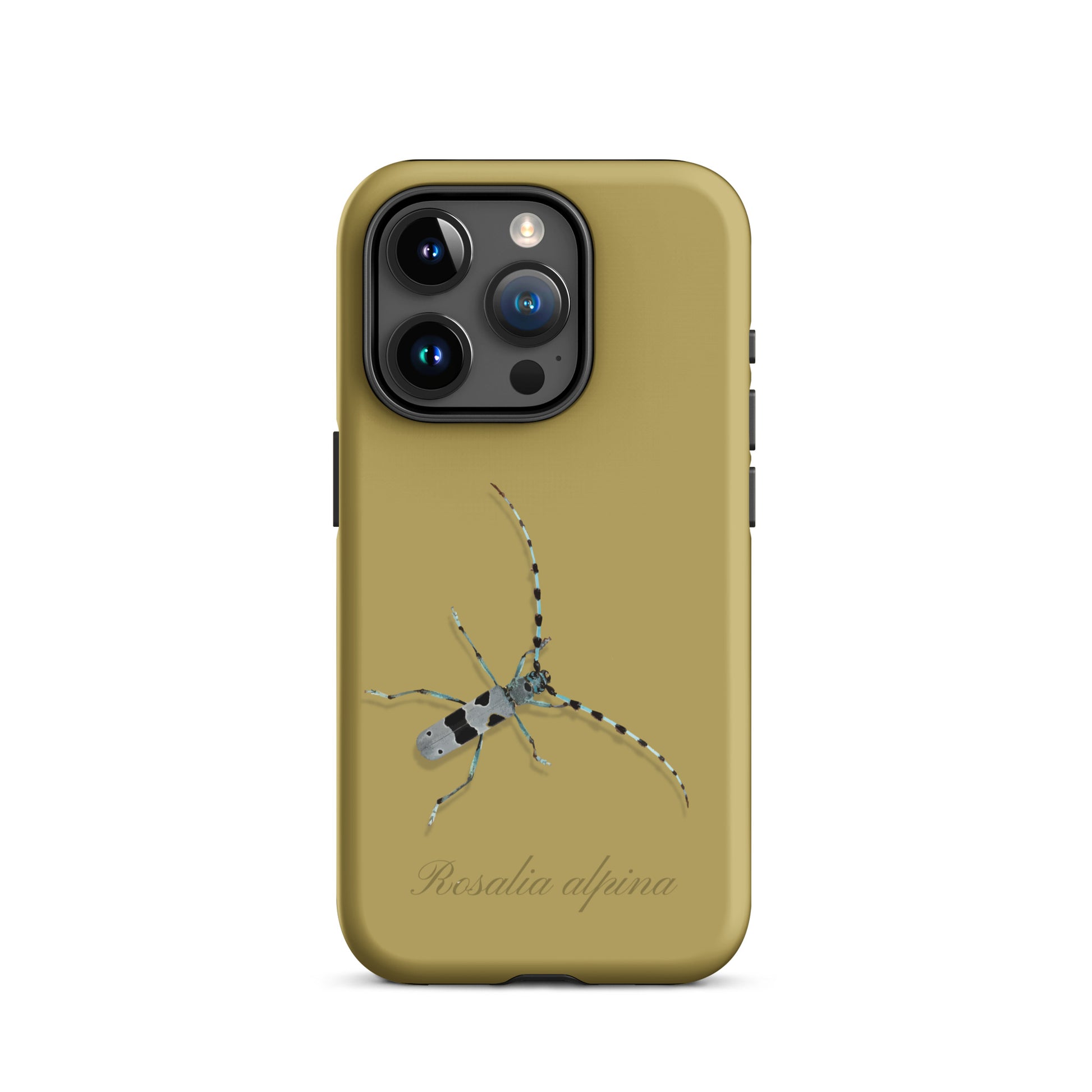 iPhone Handyhülle Alpenbock in Ockergelb mit Holzoptik, Seitenansicht