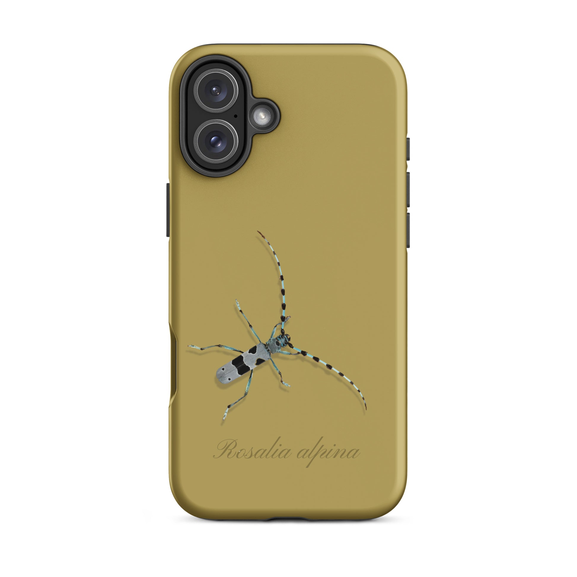 iPhone Hülle Alpenbock in Ockergelb mit Holzmaserung, Seitenansicht