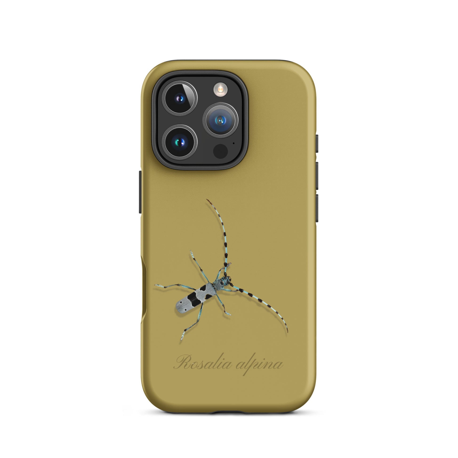 iPhone Hülle Alpenbock in Ockergelb mit Holzmaserung, Seitenansicht.
