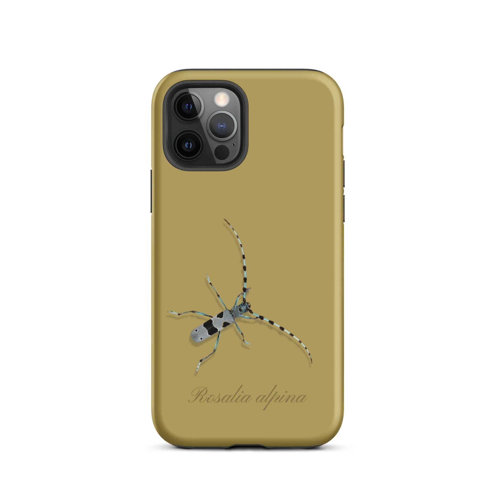 iPhone Case Alpenbock in Ockergelb, Holzoptik mit präziser Aussparung, Rückansicht.