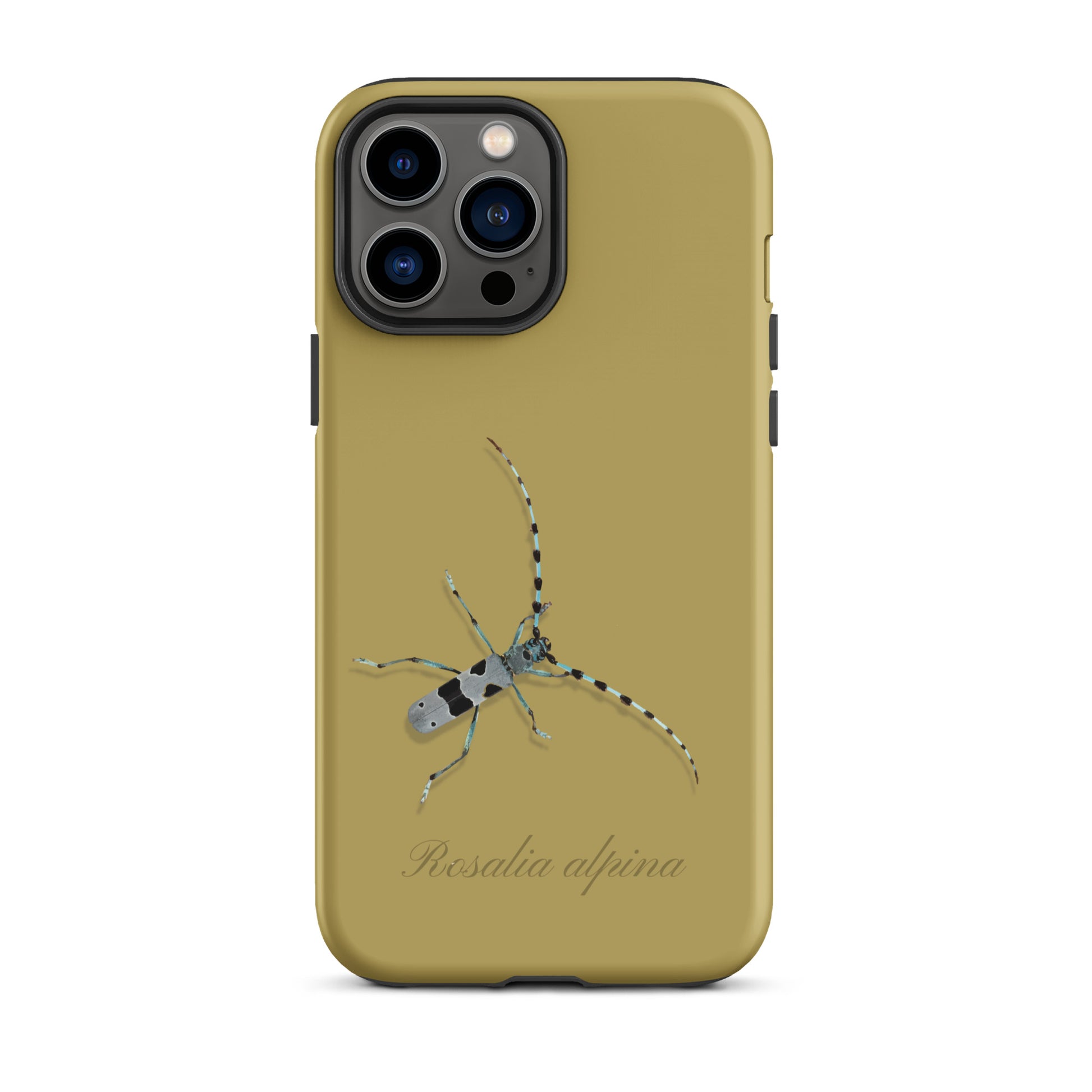 iPhone Hülle Alpenbock in Ockergelb mit strukturierter Oberfläche, seitliche Ansicht