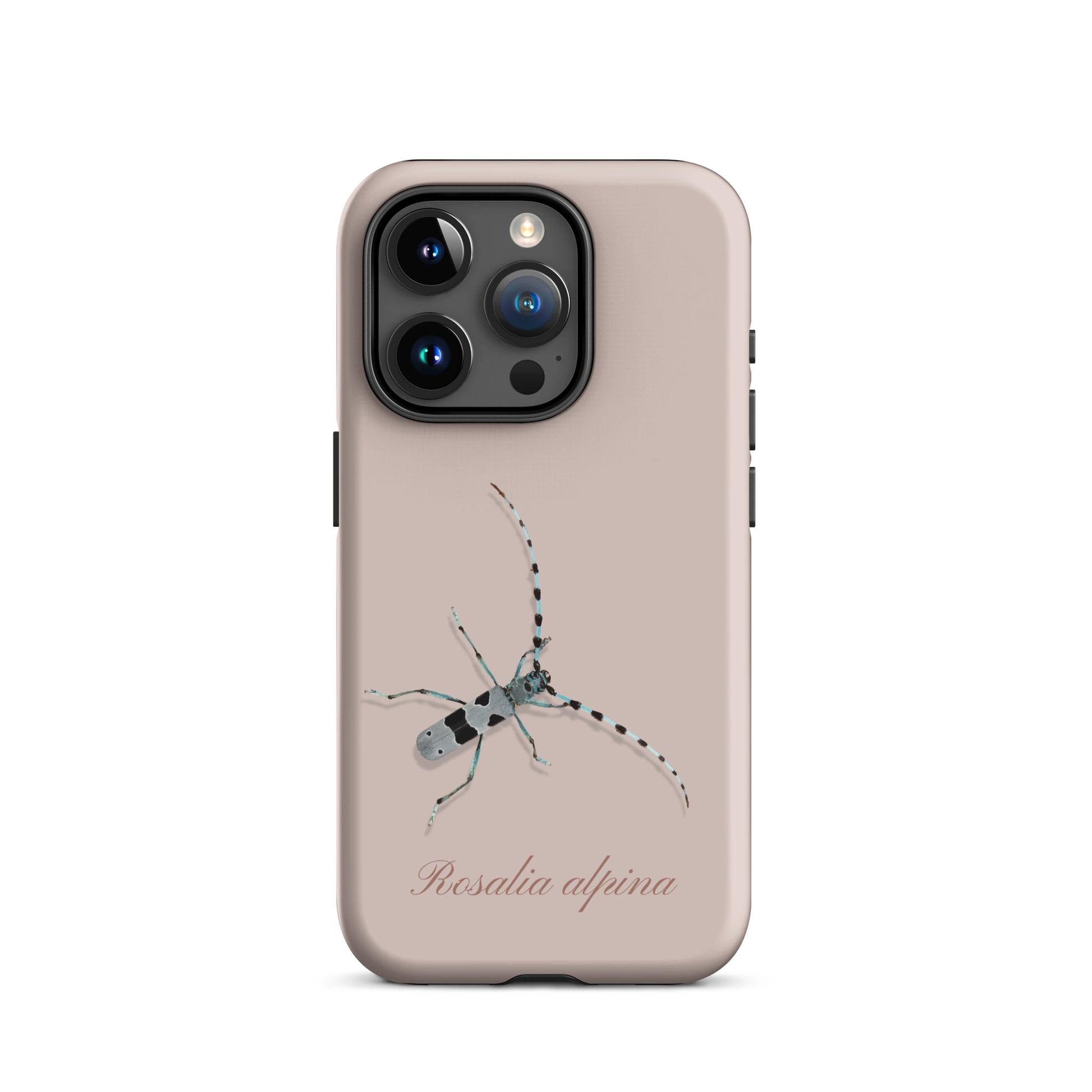 Rosa iPhone-Hülle mit Alpenbock-Motiv aus robustem Material, seitliche Ansicht.