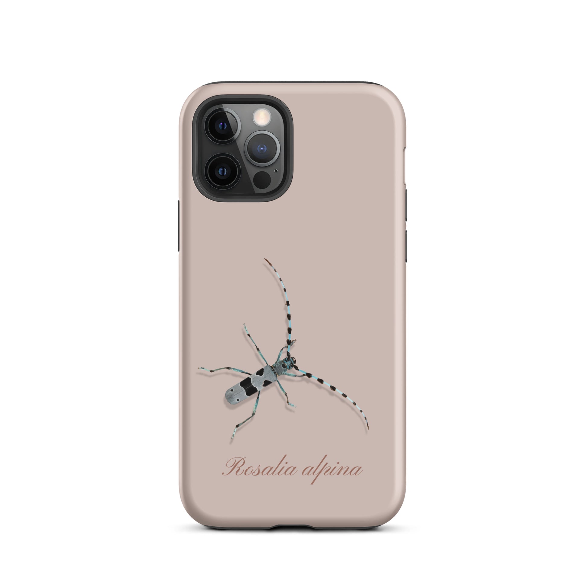 Rosa iPhone-Hülle mit Alpenbock-Design aus robustem Kunststoff, Seitenansicht.