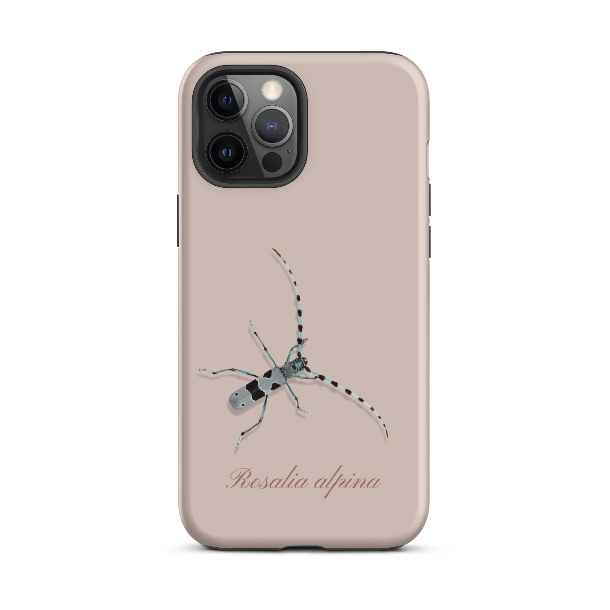 Rosa iPhone Case Alpenbock mit Alpenmotiv und Holzoptik, Seitenansicht.