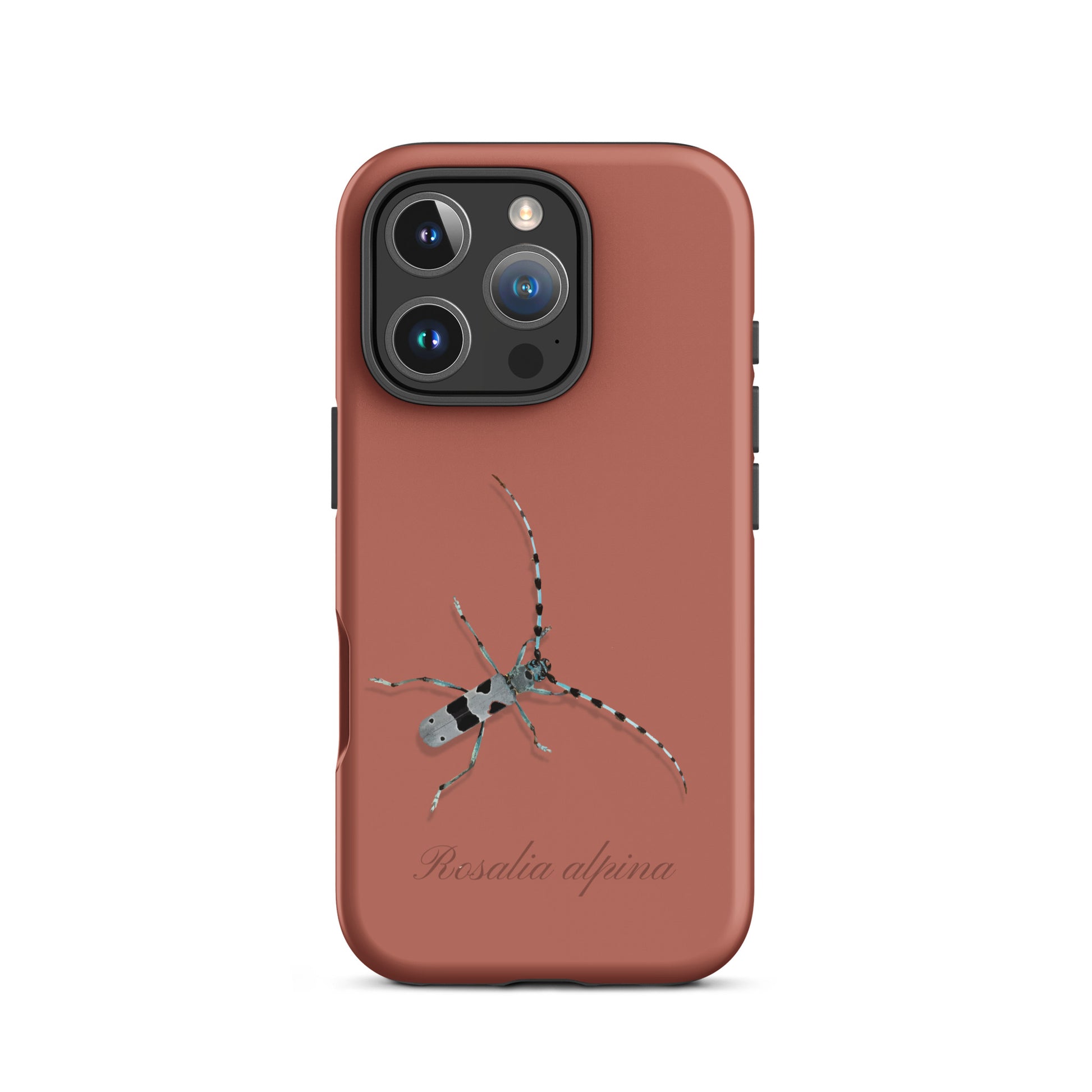 Ziegelrotes iPhone Case mit Alpenbock-Design, robuste Handyhülle mit Holzoptik.