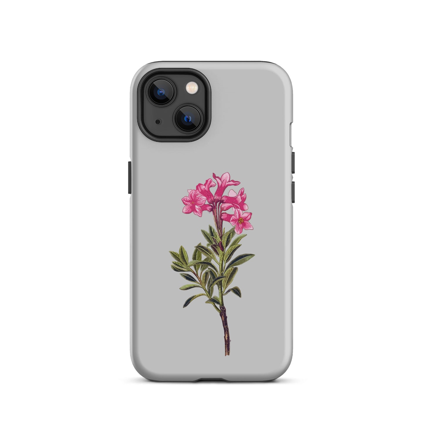 Graue iPhone 13 Handyhülle mit Alpenrosen-Design, robust und stilvoll