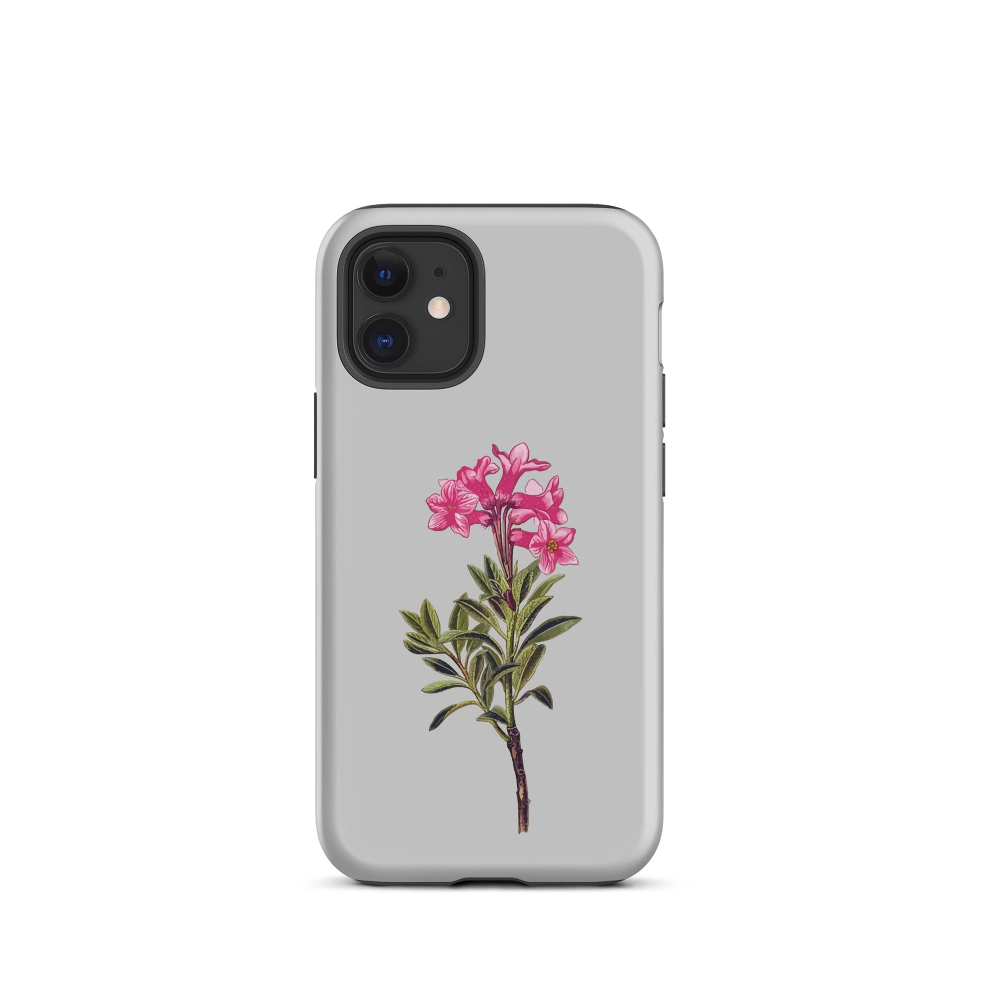 Graue iPhone 12 mini Handyhülle mit Alpenrosen-Design aus robustem Kunststoff