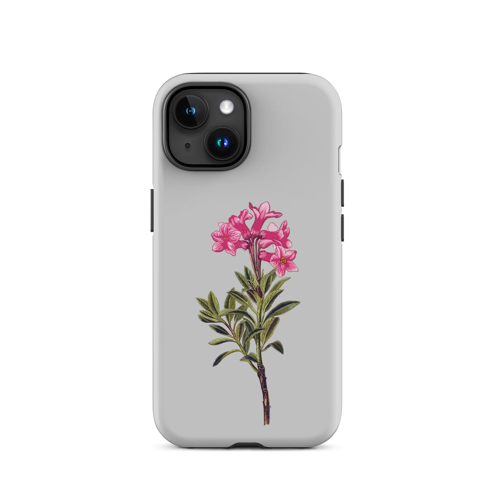 Graue Handyhülle mit Alpenrose-Design für Apple iPhone 15, robust und stilvoll