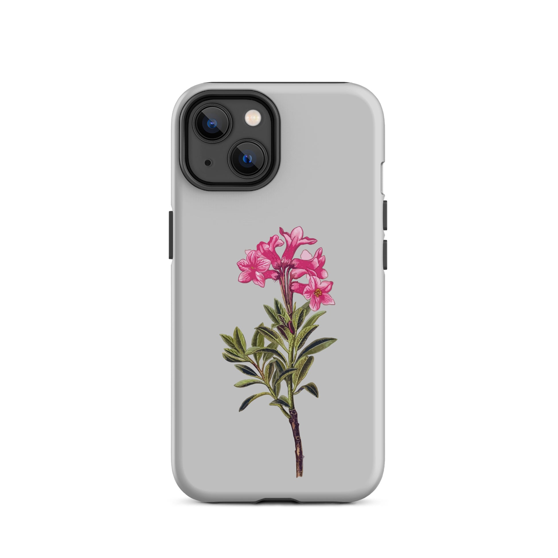 Schützende iPhone 14 Hülle in Grau mit Alpenrosen-Design, robustes Material.