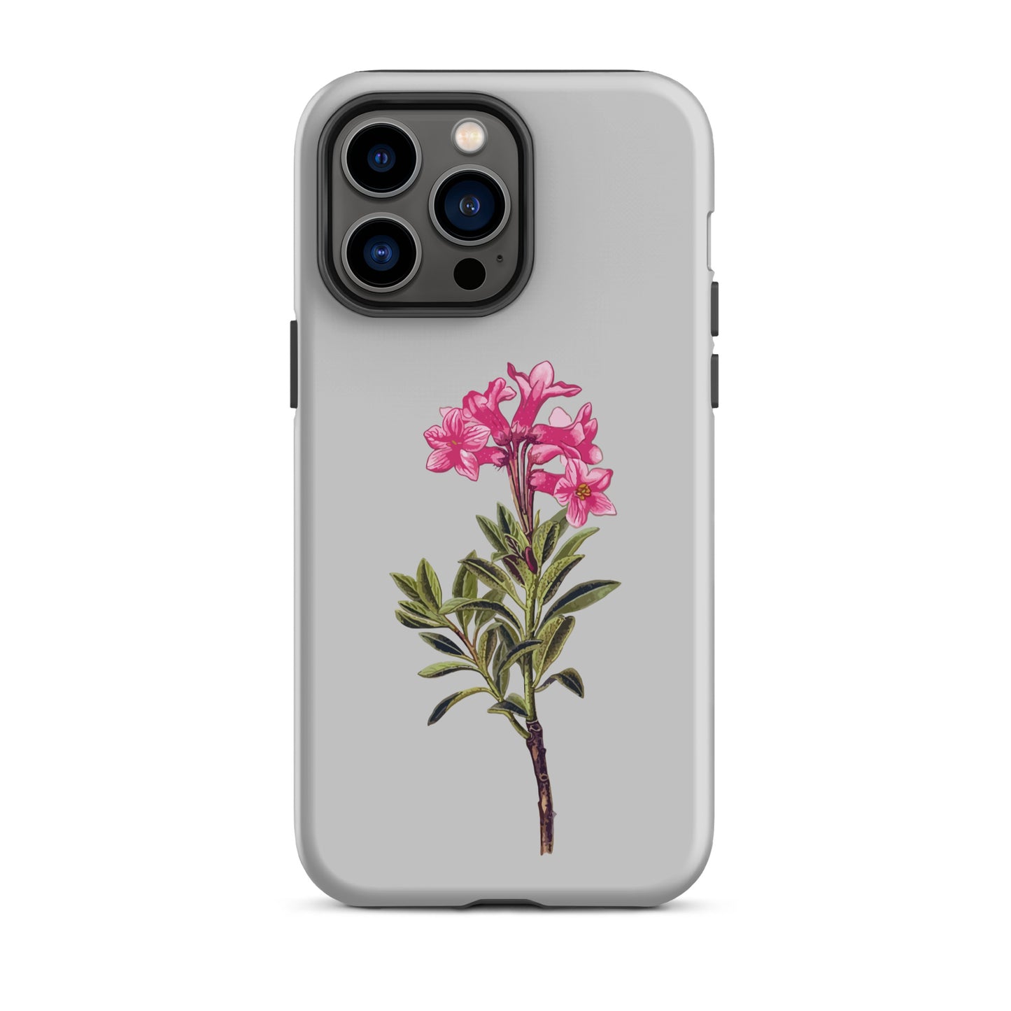 Graue iPhone 14 Pro Max Hülle mit Alpenrose-Design, schützende Handyhülle aus robustem Material