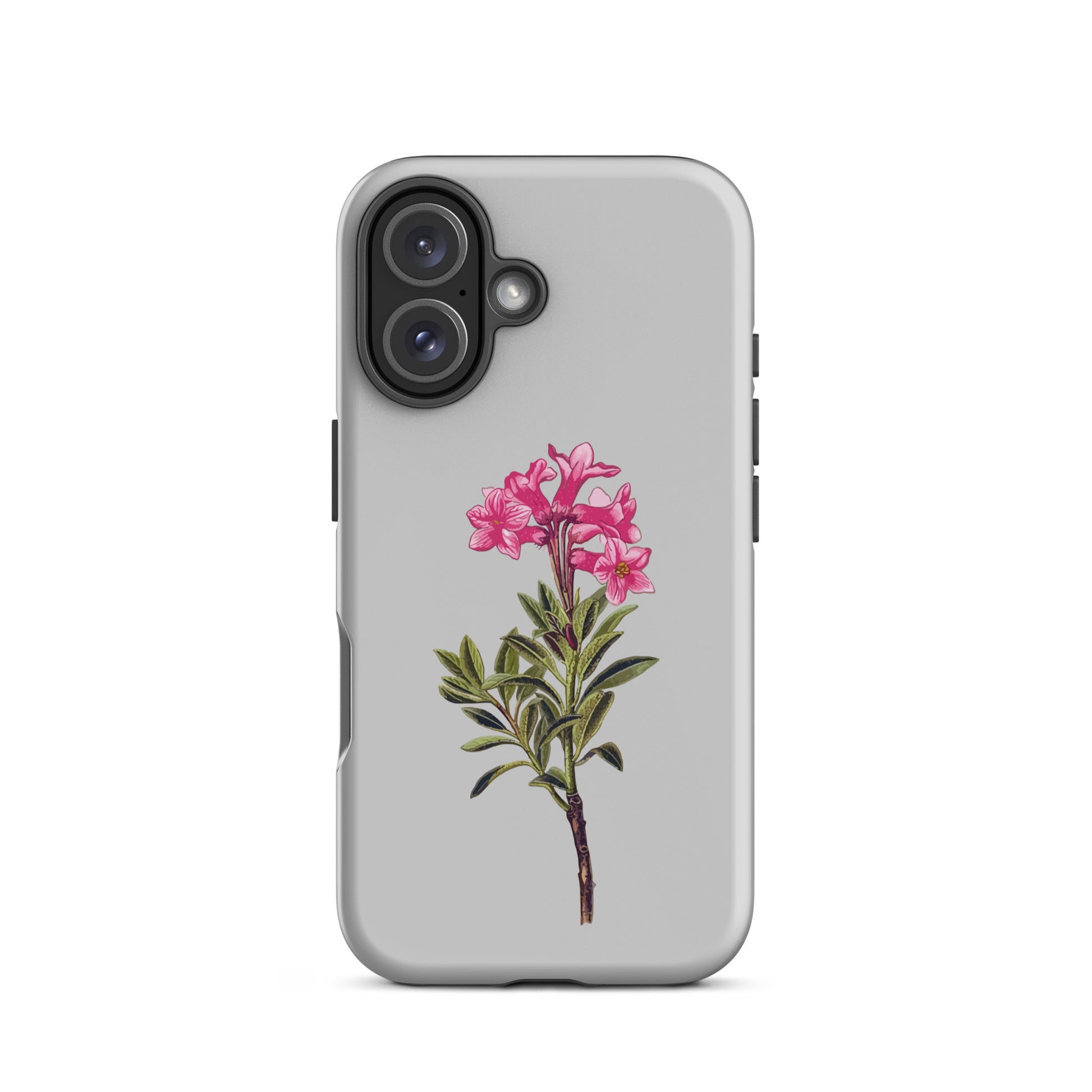 Schützende iPhone 16 Hülle in Grau mit Alpenrosen-Design, stoßfest und elegant.