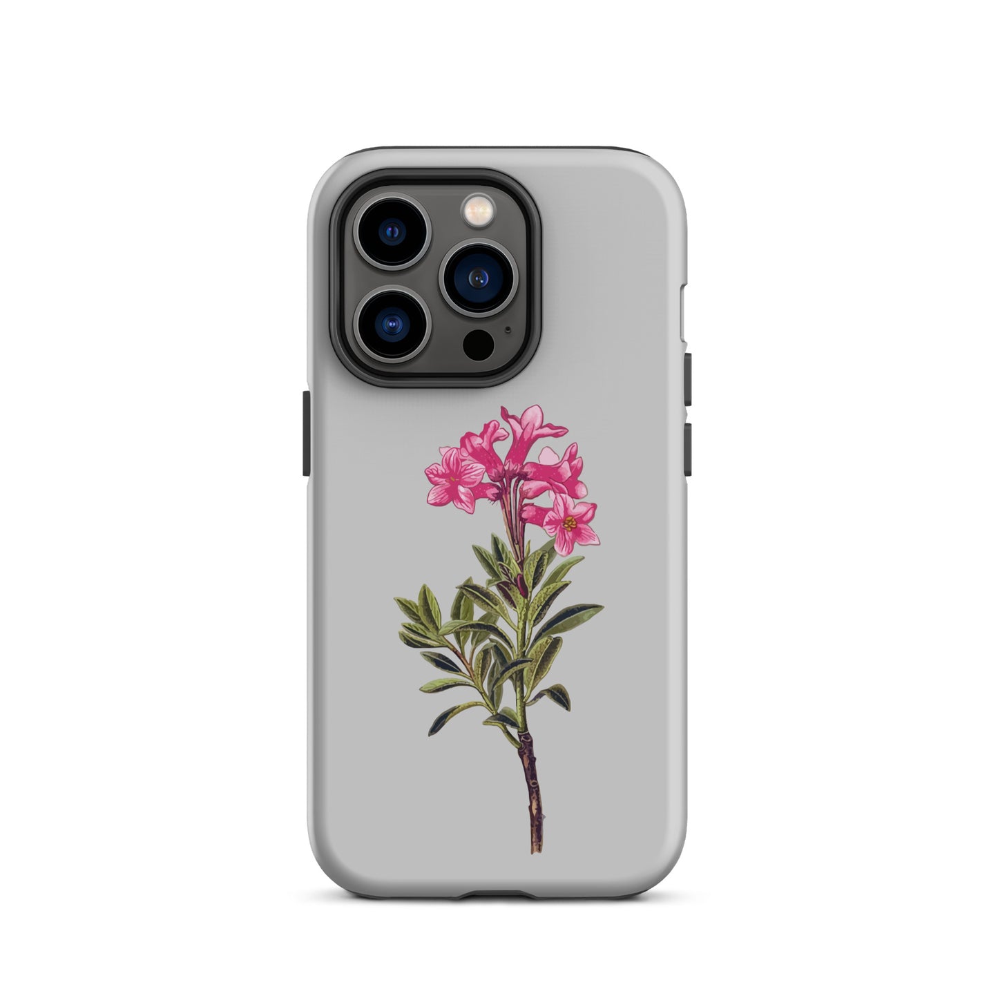 Handyhülle für Apple iPhone 14 Pro in Grau mit Alpenrose-Design, schützende Silikonhülle.