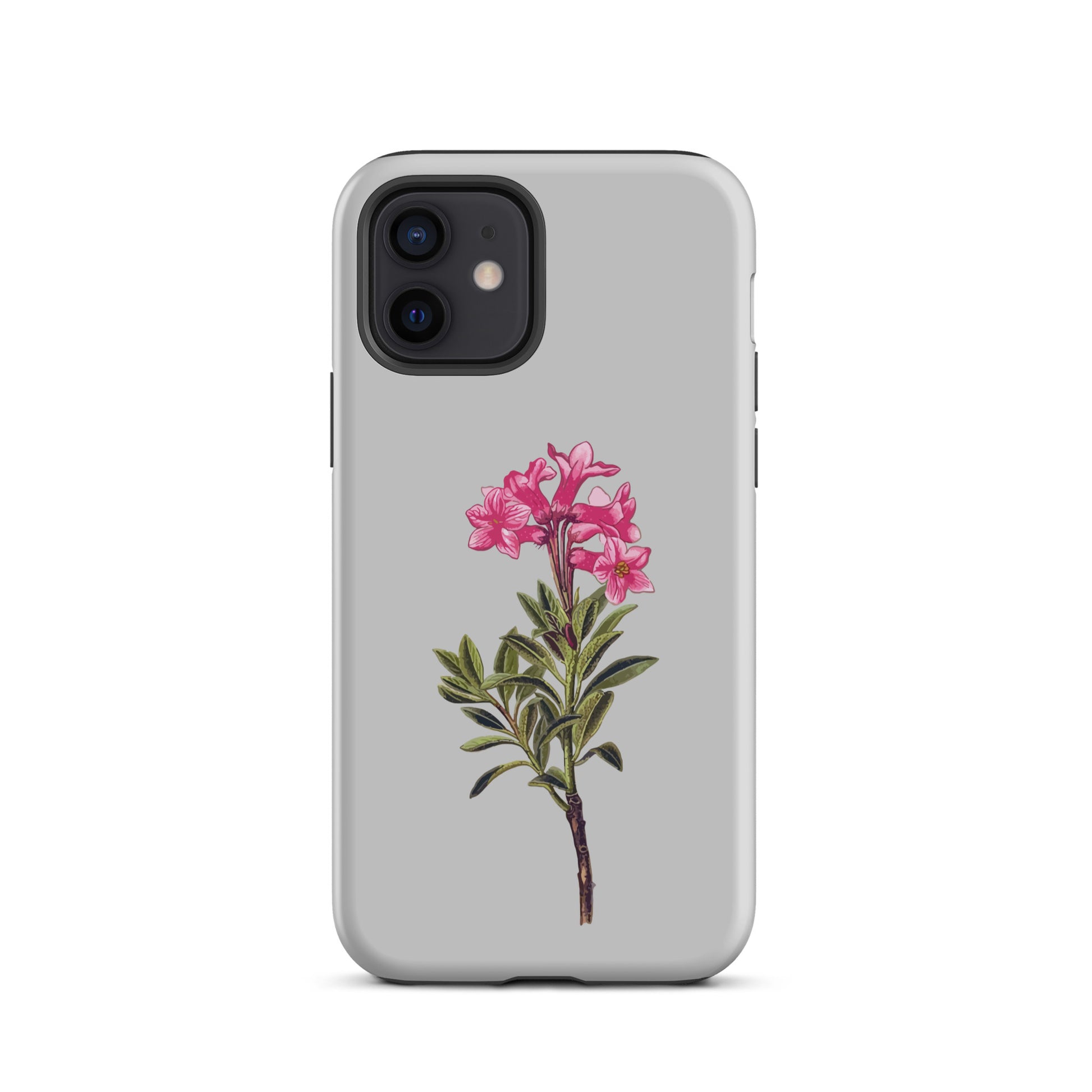 Graue iPhone 12 Hülle mit Alpenrose-Design, robustes Material, präzise Aussparungen.